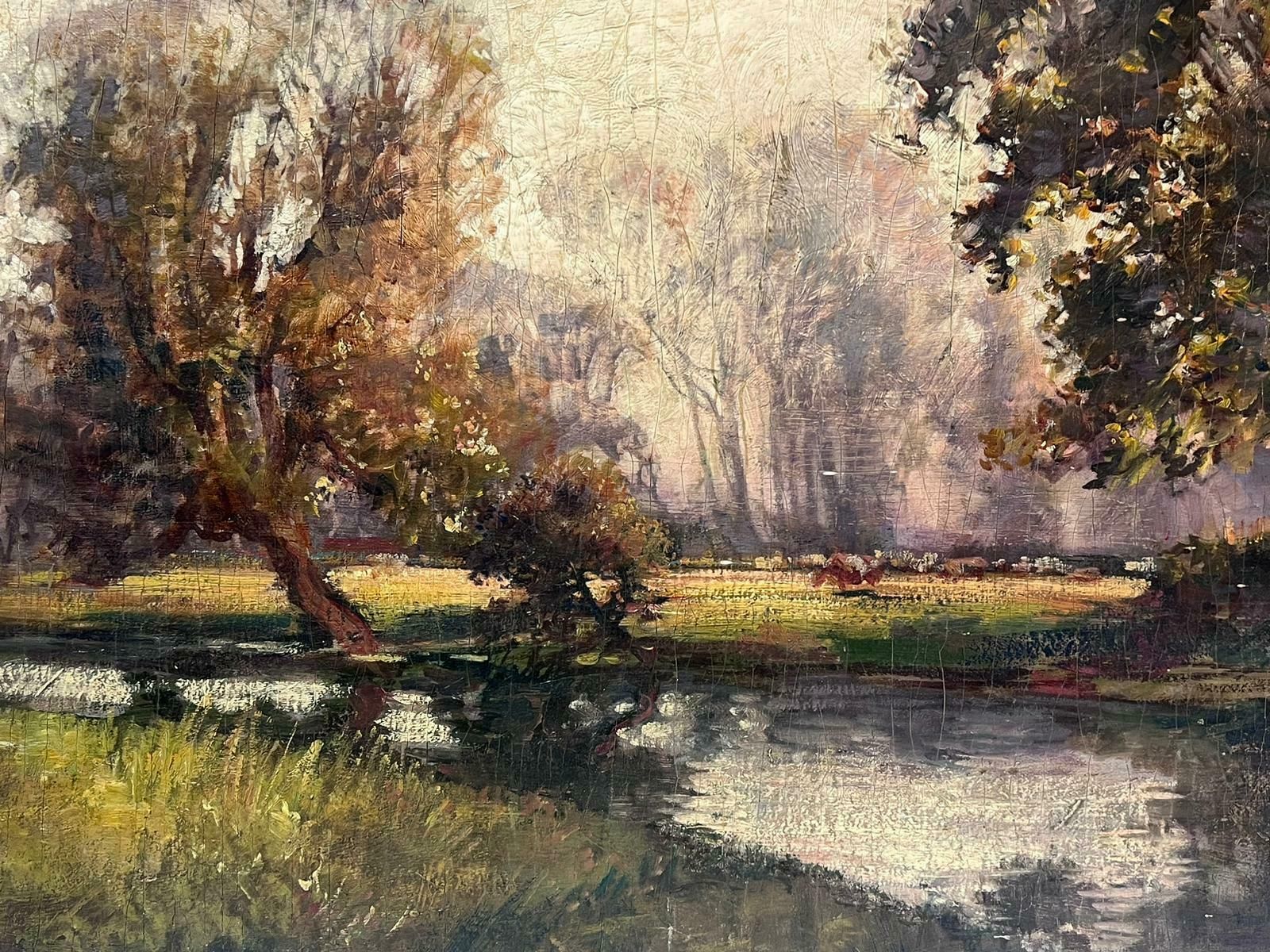 French Schoolantique French Impressionist Oil Painting Summer Meadows With Animals Grazing photo vinterior
