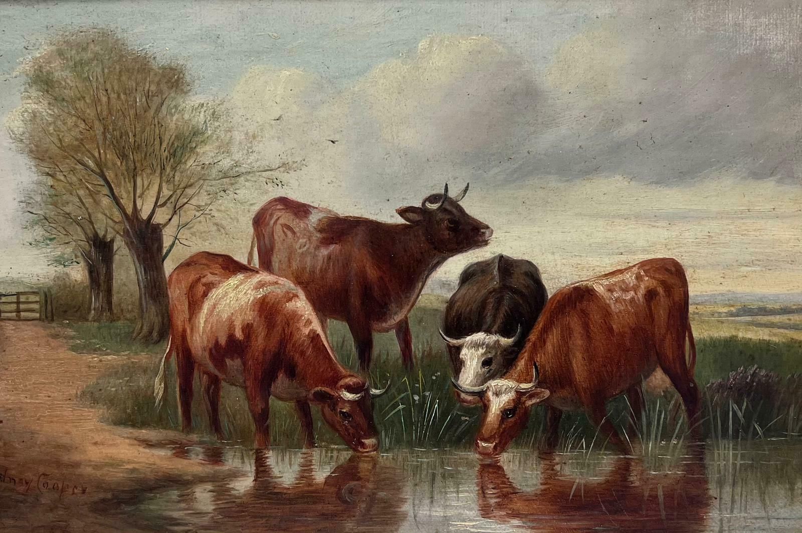 Signed Victorian British Oil Painting Cattle In Tranquil Pastures
