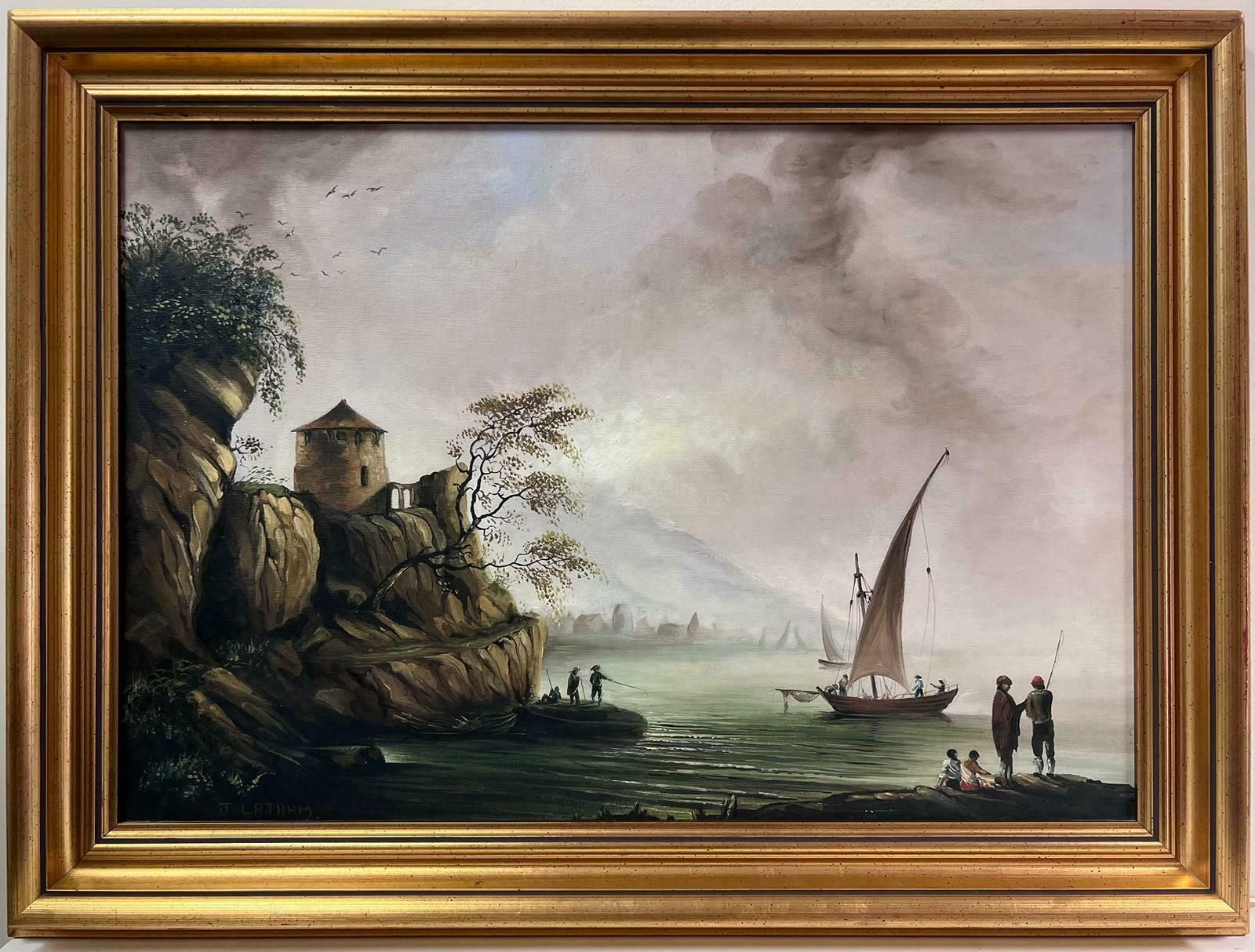 English Artistfishing At Dawn Old Trading Port With Many Figures Large Oil Painting