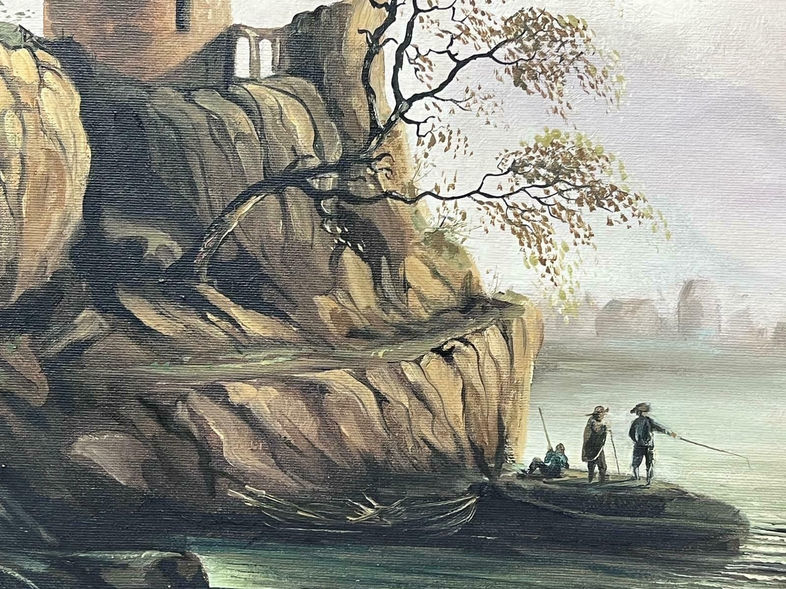 English Artistfishing At Dawn Old Trading Port With Many Figures Large Oil Painting photo vintage