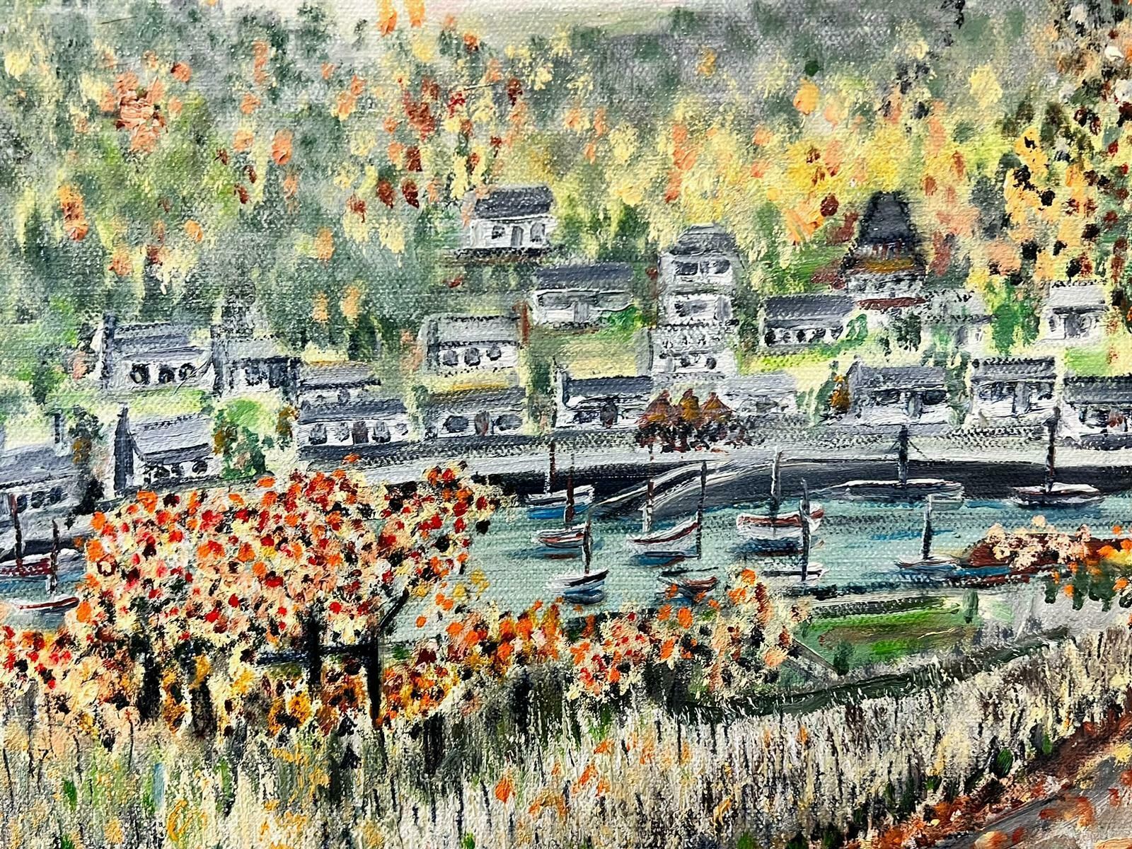 Contemporary British Pointillist Style River Landscape With Trees & Far Reaching View Of Town photo for sale