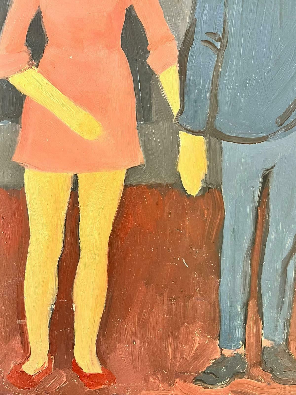 French School1960's French Modernist Oil Painting Fashionable Couple Holding Hands Pink & Blu photo for sale