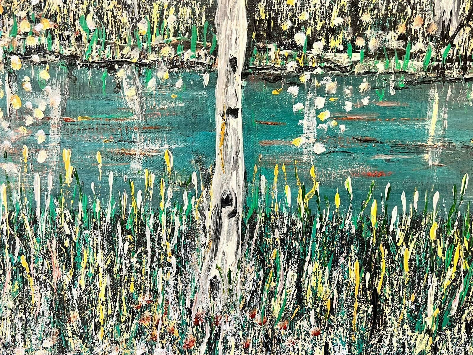 Contemporary British Modern British Symbolist Oil Painting Trees Dappled Light In Woodland photo furniture