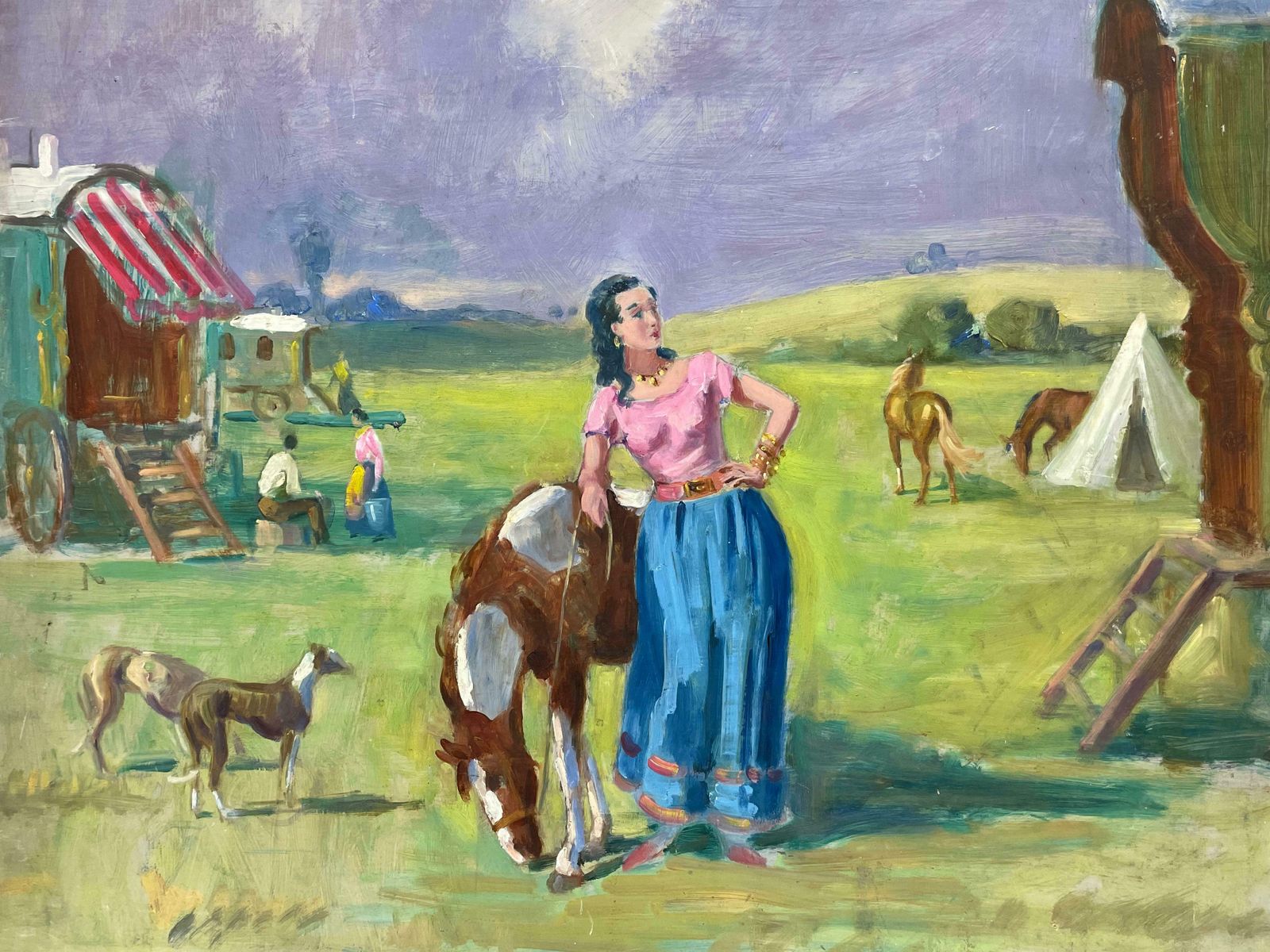English Mid Century1950's English Oil Travelers Outside Gypsy Caravans With Horses In Landscape1950's photo for sale