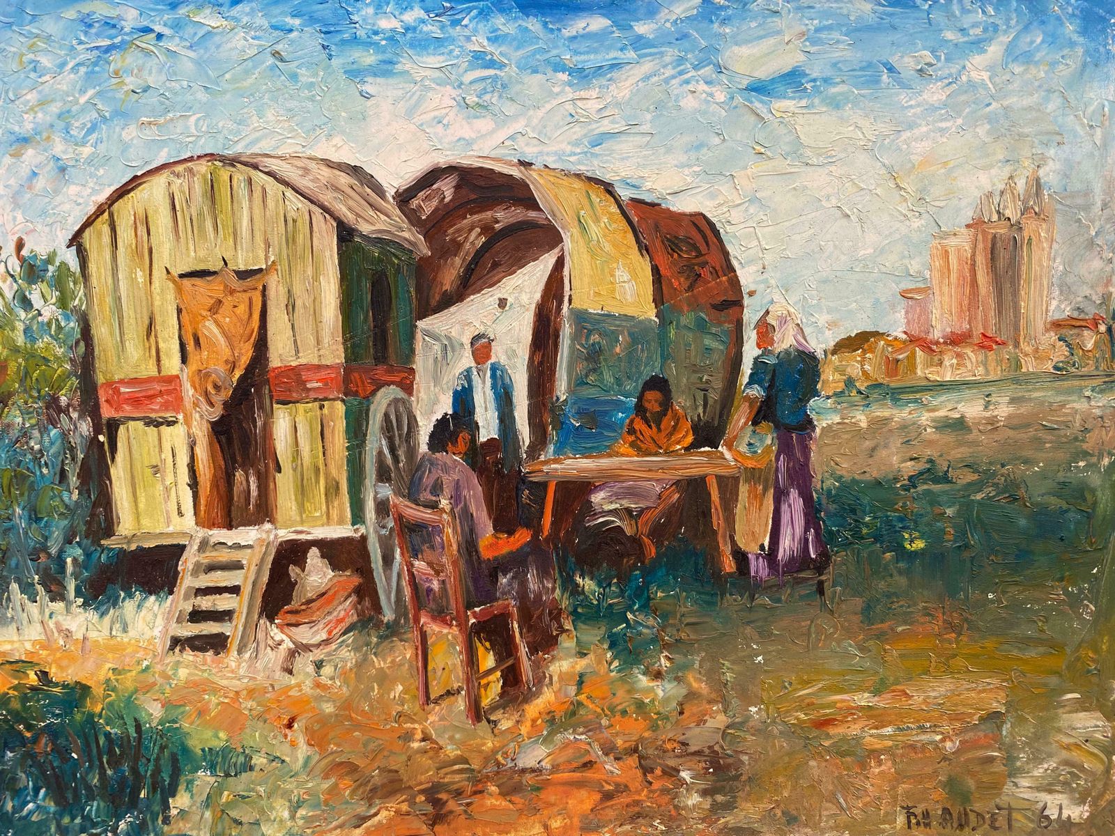 Fernand Audetfernand Audet (1923 2016) French Impressionist Oil   Gypsy Caravan & Figuresc. 1950's