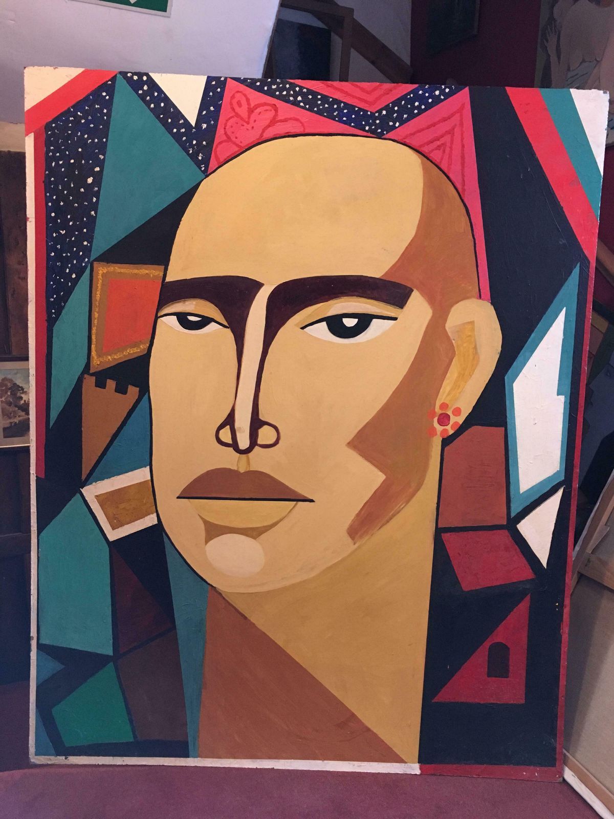 Unknownhuge Colourful Male Portrait Geometric Cubist Original Oil Painting C.1960s photo for sale