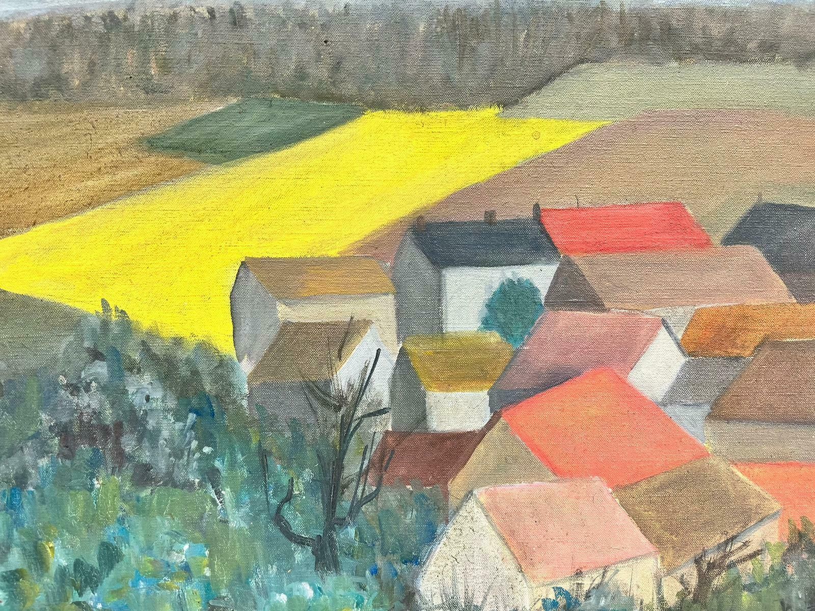 French Post Impressionistmid Century French Cubist/ Post Impressionist Oil Red Roof Houses In Landscapec. 1940's photo for sale