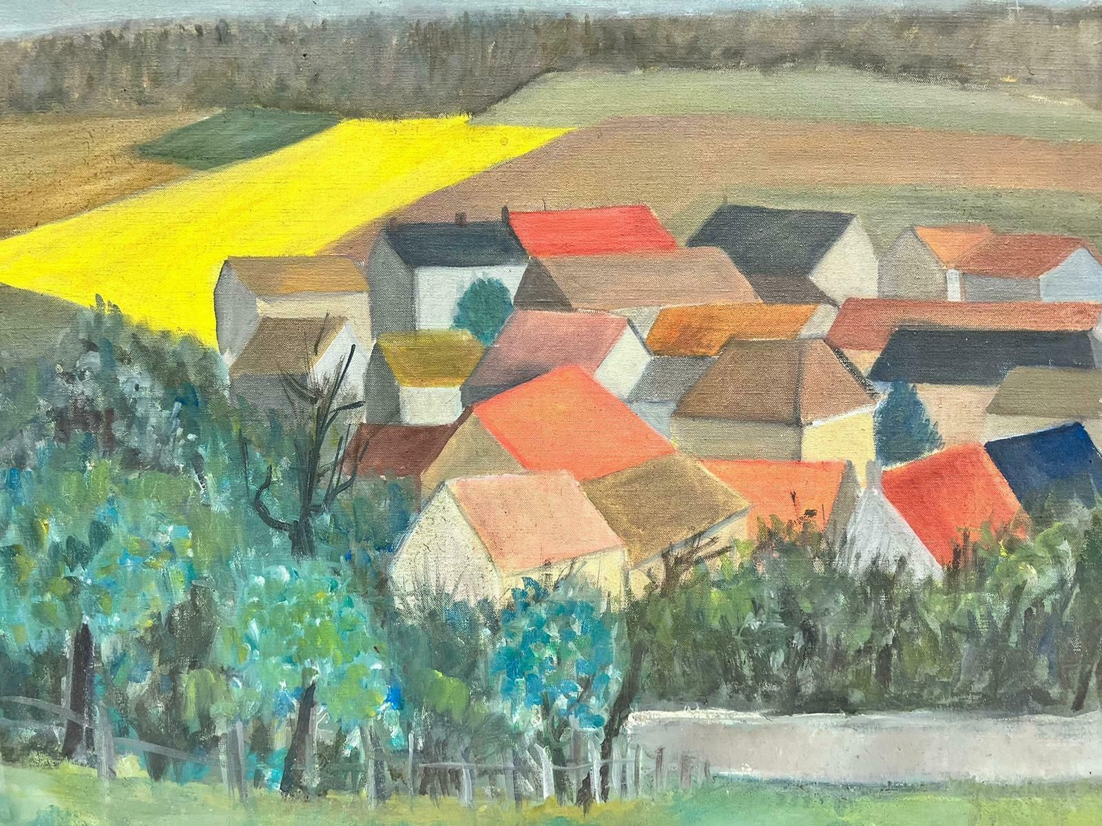French Post Impressionistmid Century French Cubist/ Post Impressionist Oil Red Roof Houses In Landscapec. 1940's photo Art