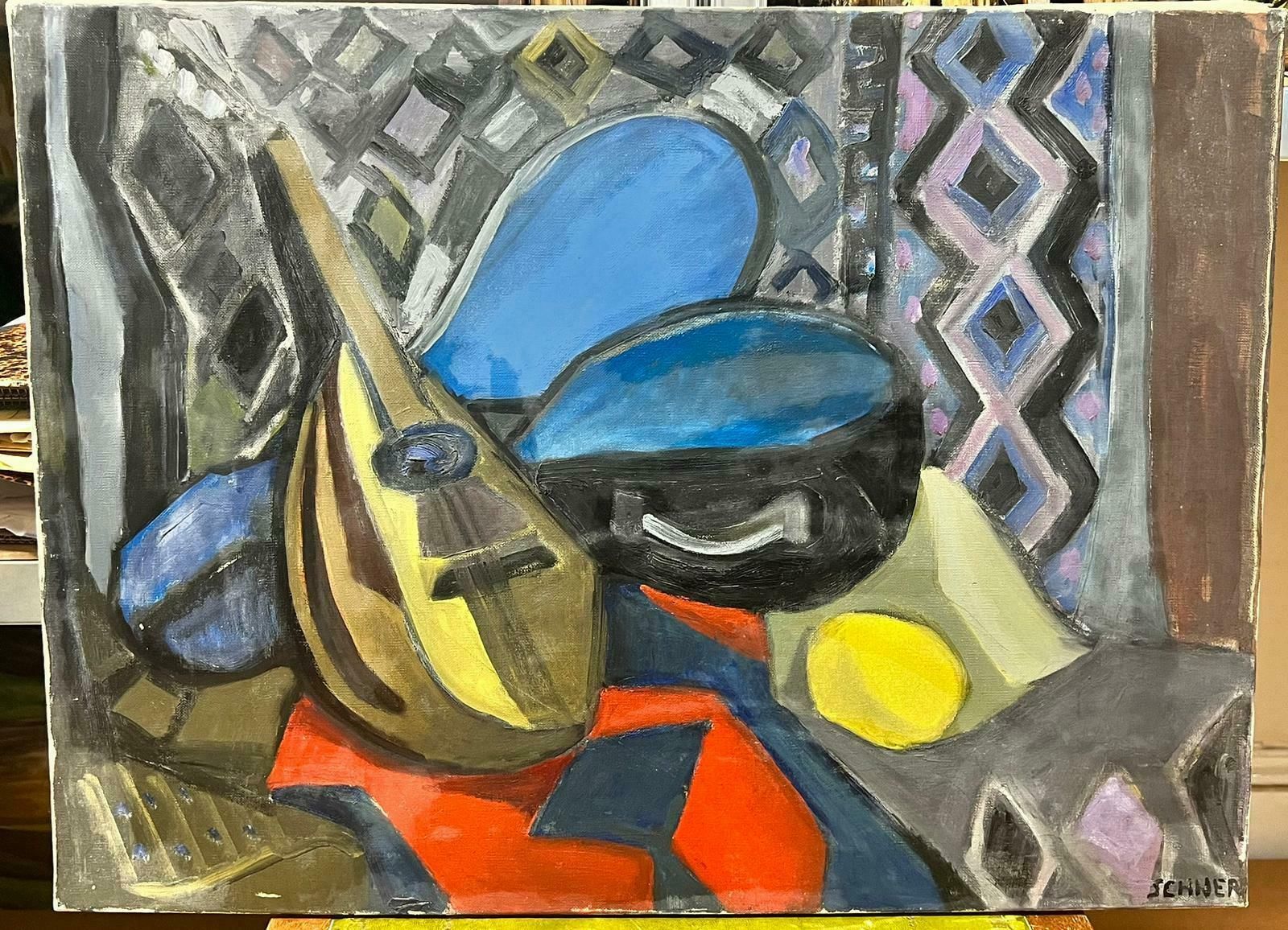 French Schoolmid Century French Cubist Still Life Oil Mandolin Abstract Interior Scene photo furniture