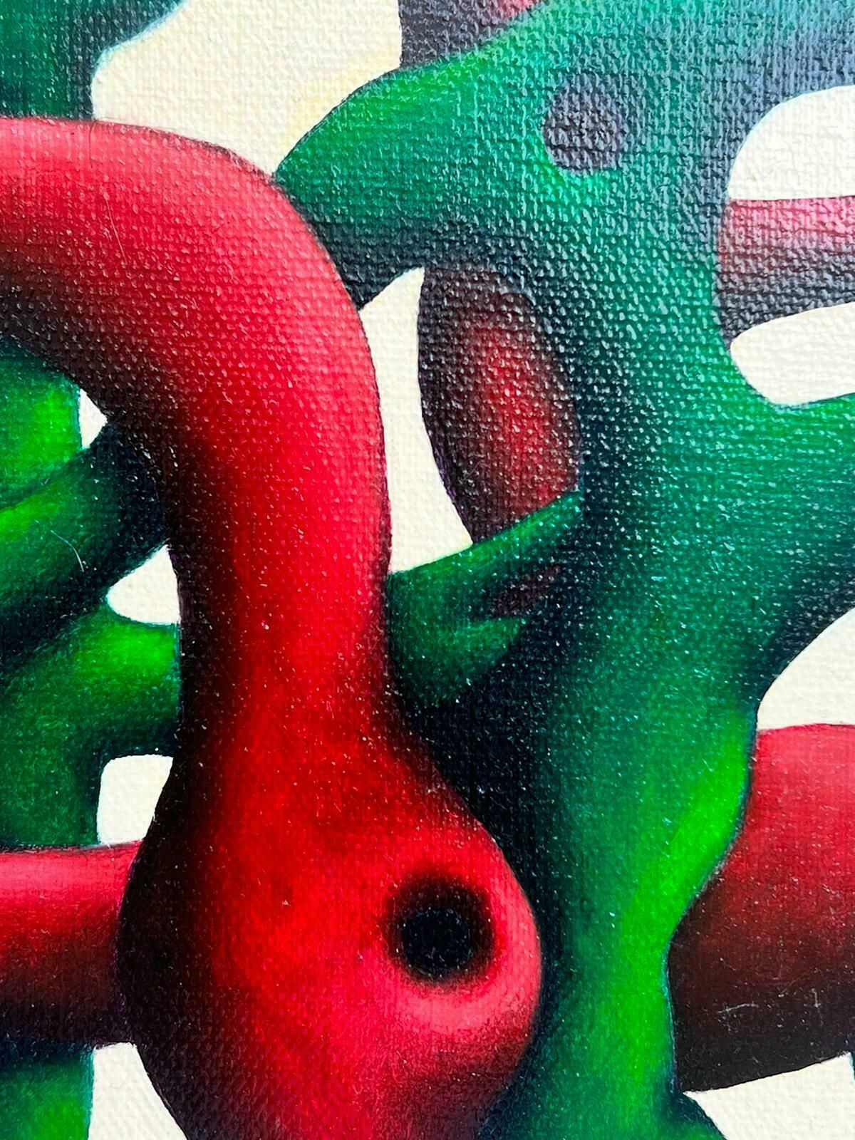 French Schoolred & Green Tubular Abstract Oil Painting French Dated 20122012 photo for sale
