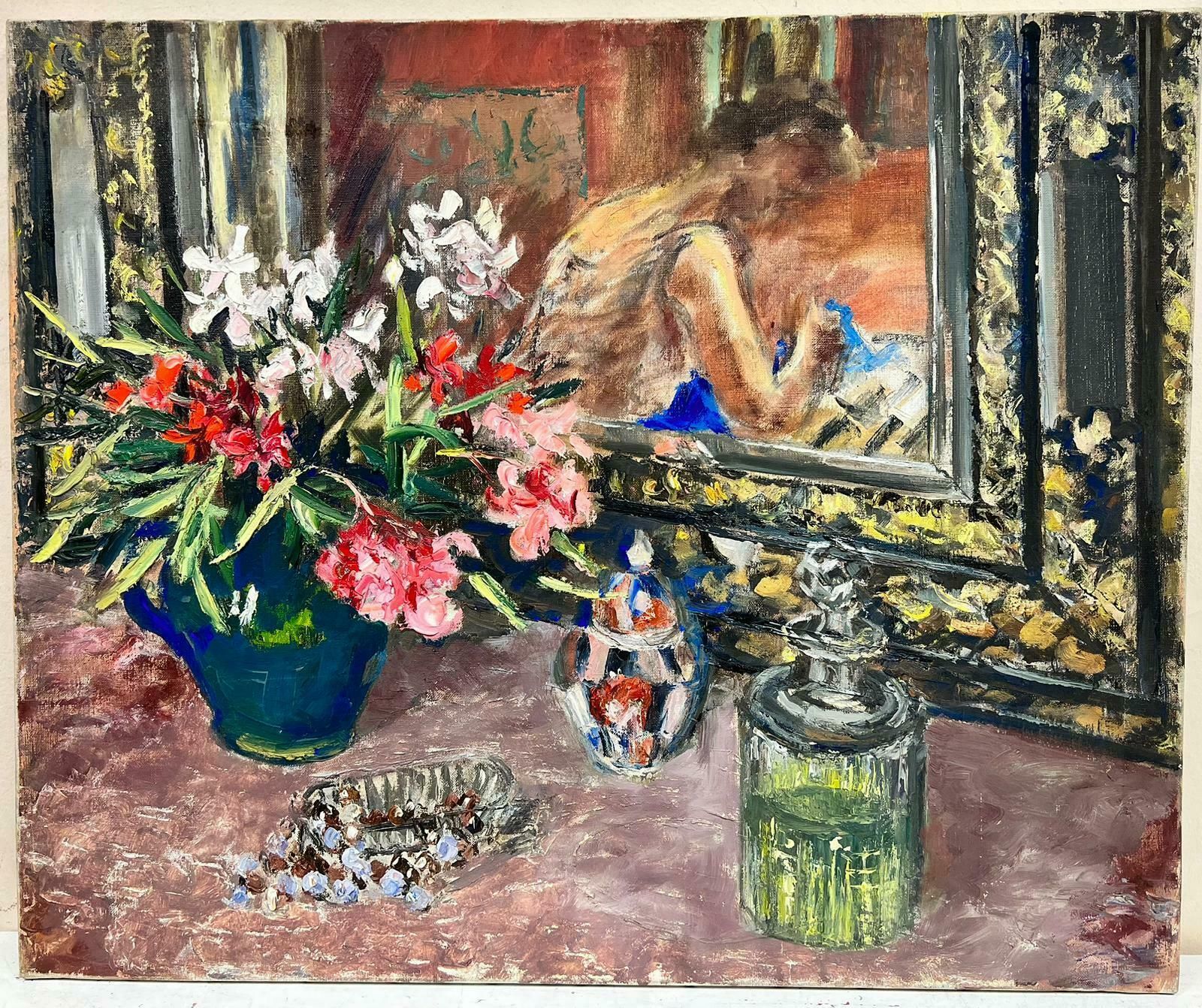 Josine Vignon1960's French Interior Scene Lady Reflection In Window Sewing Still Life Flowers1960's photo furniture