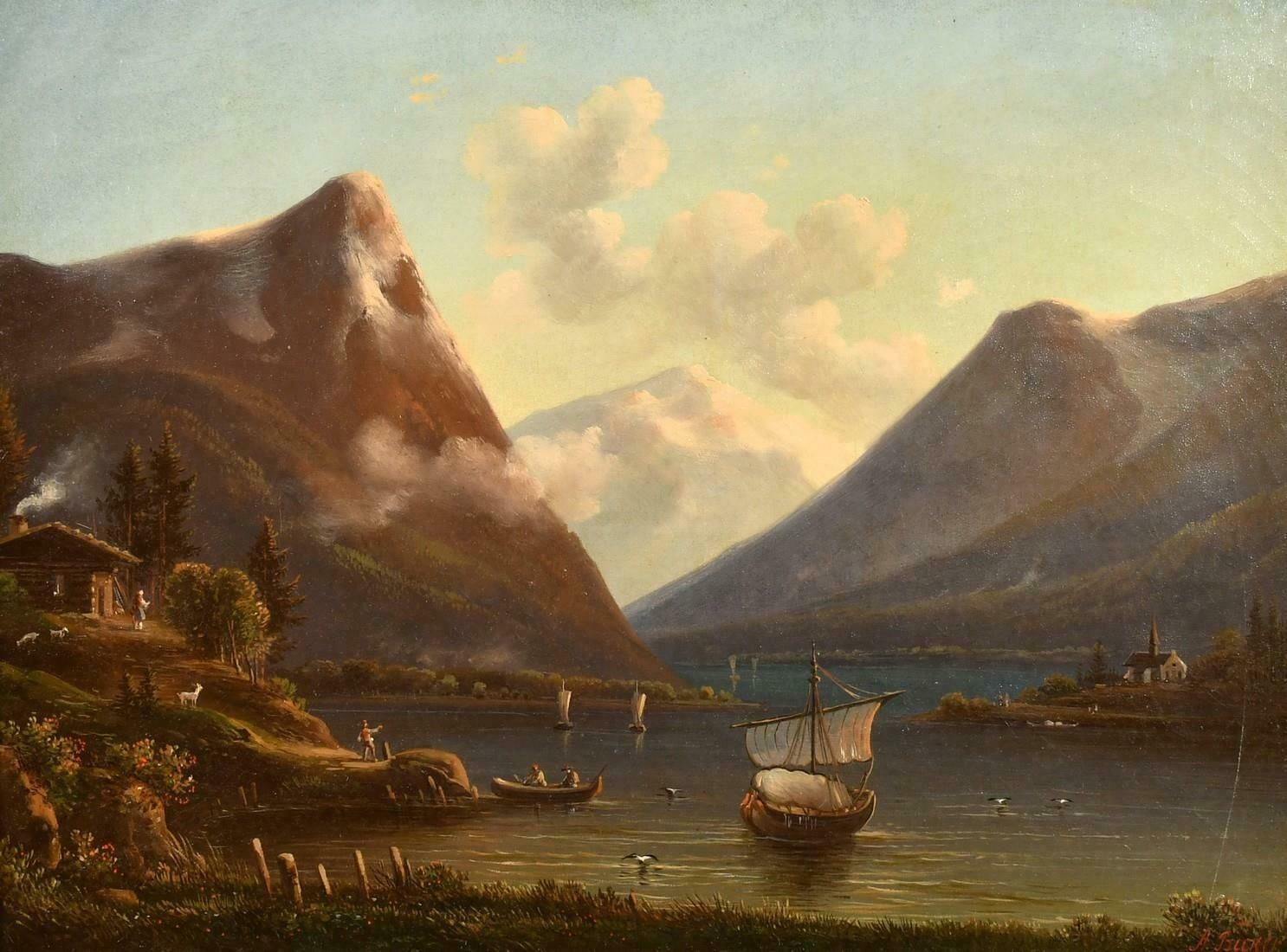 A.Buker19th Century German Lake Landscape Signed Oil Boats At Dusk