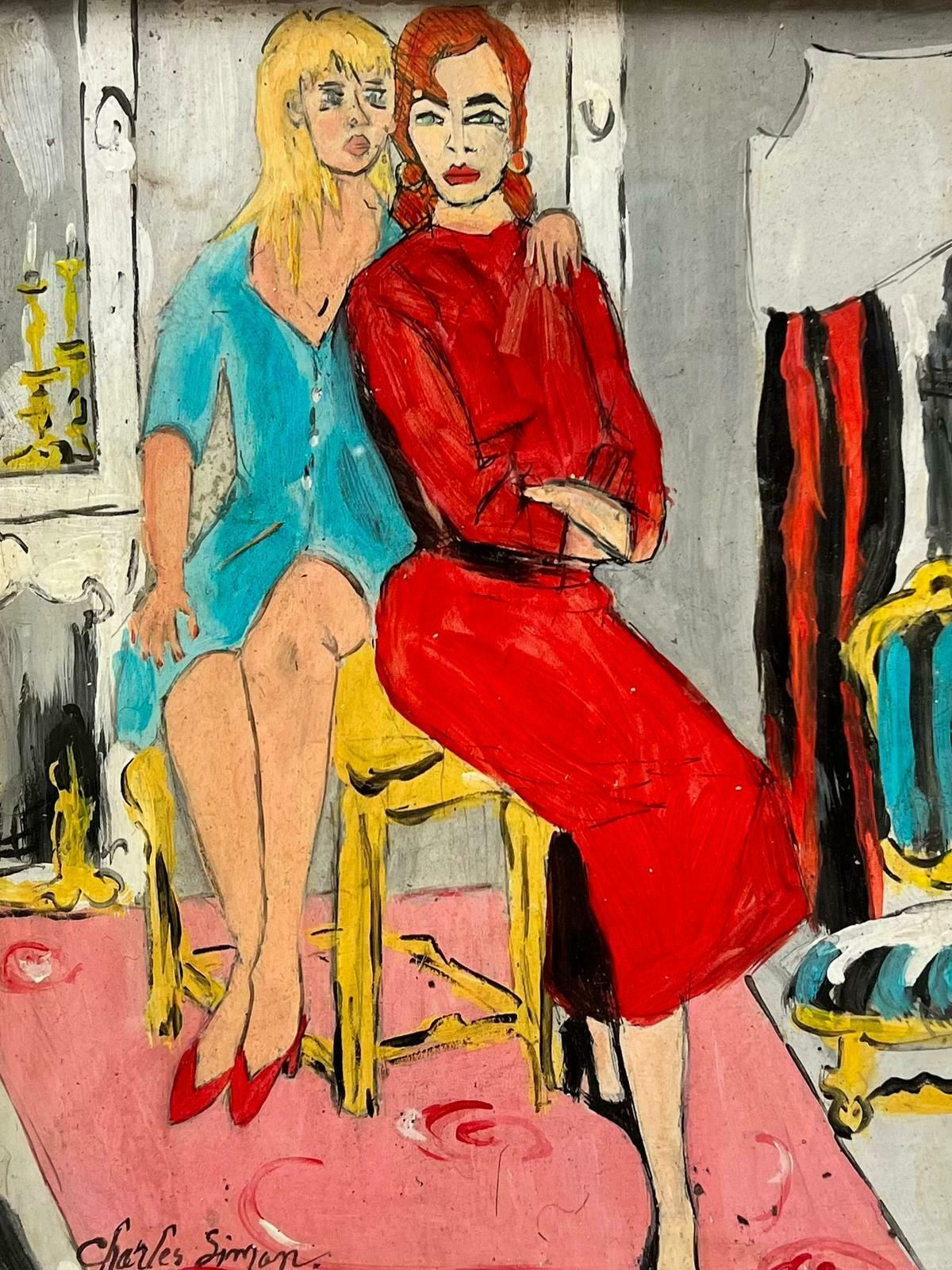 French School1960's French Modernist Signed Painting Two Fashionable Ladies In Interior Room