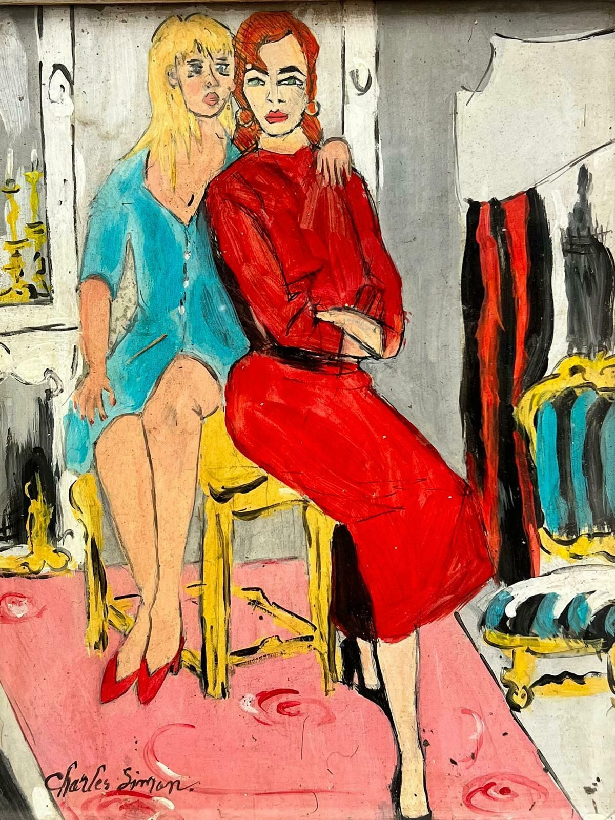 French School1960's French Modernist Signed Painting Two Fashionable Ladies In Interior Room photo 1226.0