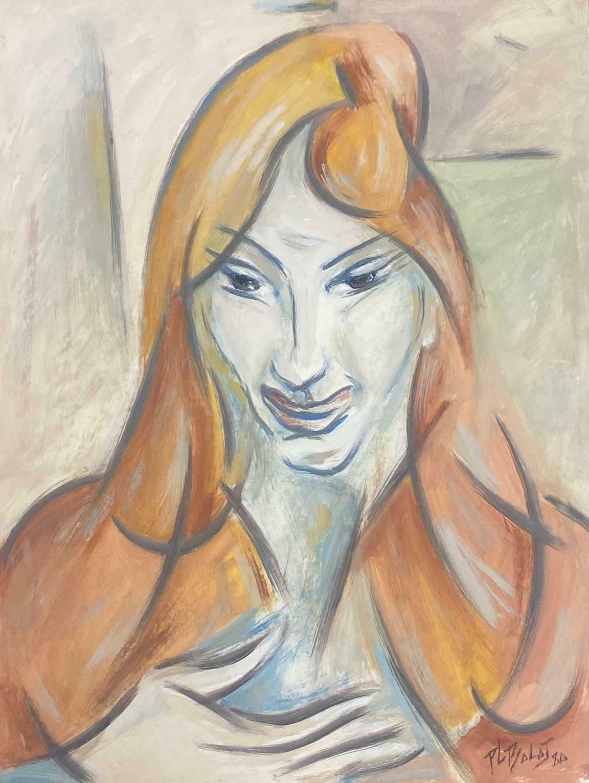 Paul Louis Bolot (French 1918 2003)French Modernist Gouache Painting Portrait Of A Bright Orange Haired Lady20th Century (1980)