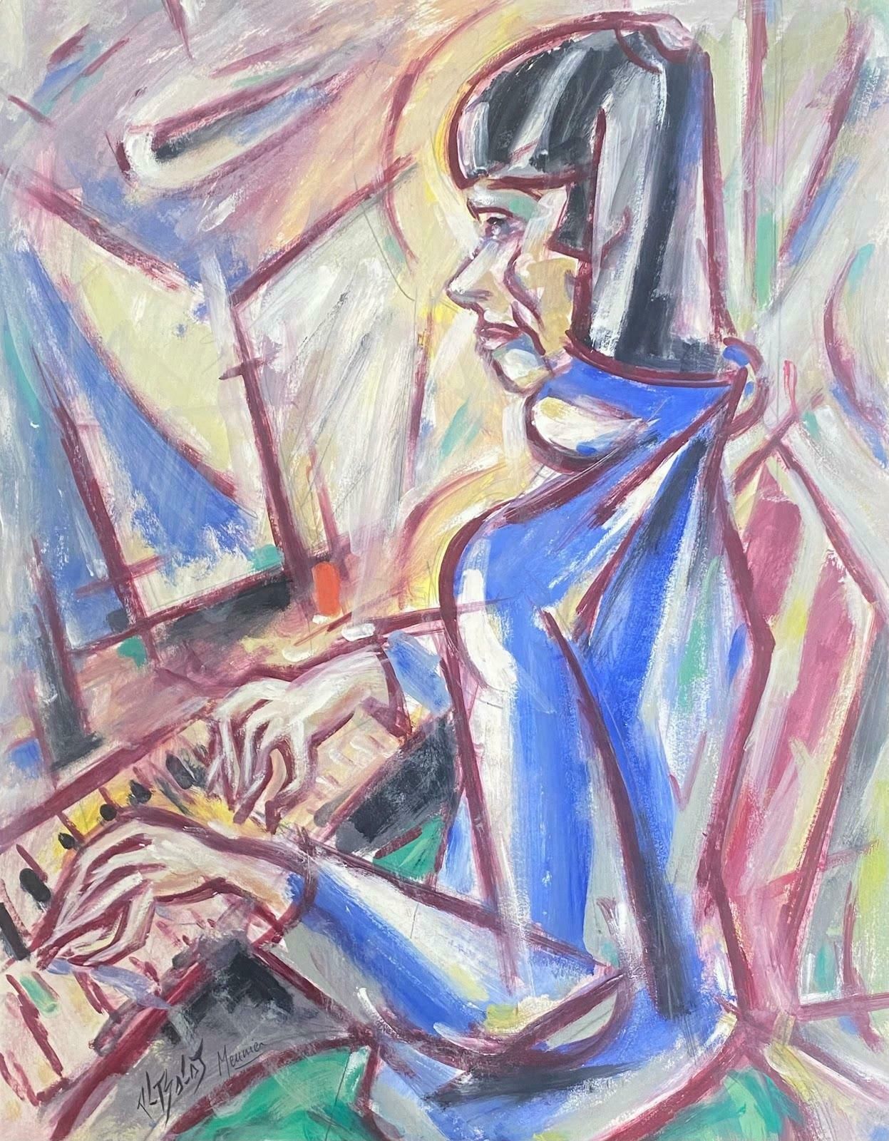Paul Louis Bolot (French 1918 2003)french Modernist Gouache Painting Dark Haired Lady Playing The Piano20th Century