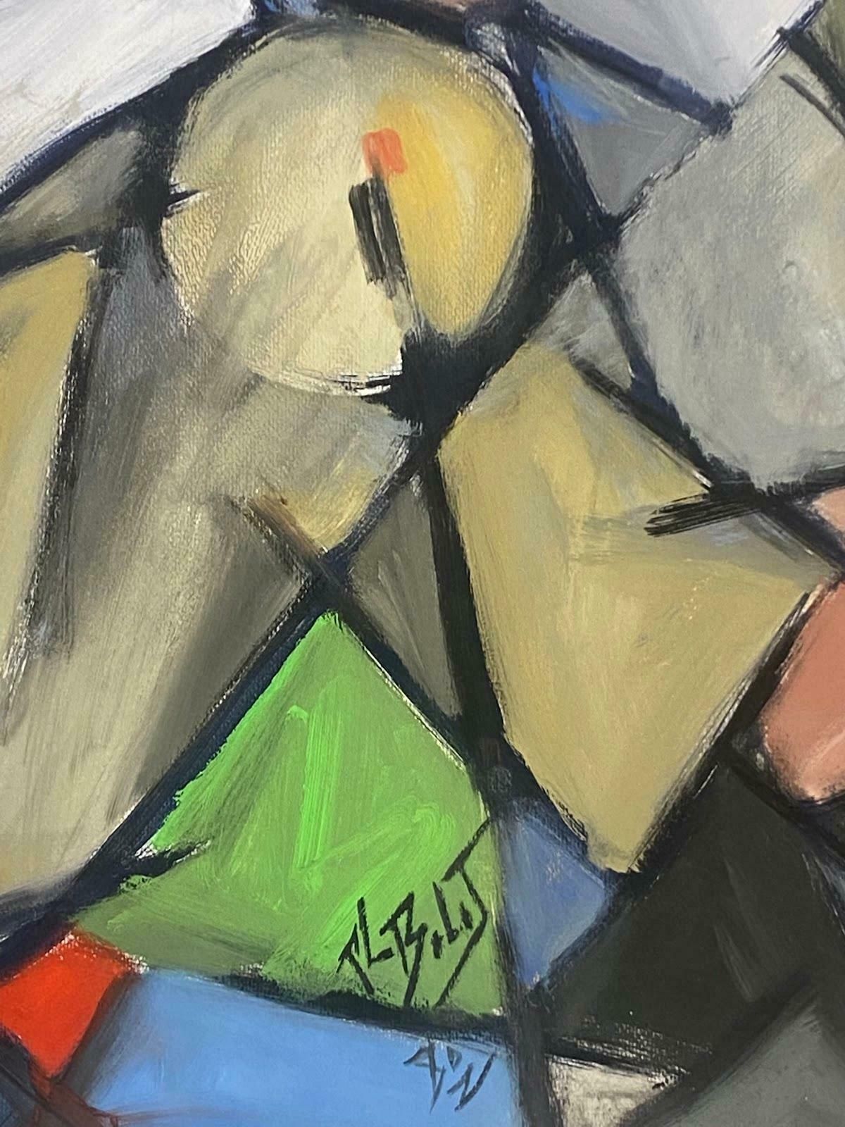 Paul Louis Bolot (French 1918 2003)french Painting Gloomy Geometric Patterns Portrait Of Elder Man Sat In Chair20th Century (1980) photo for sale