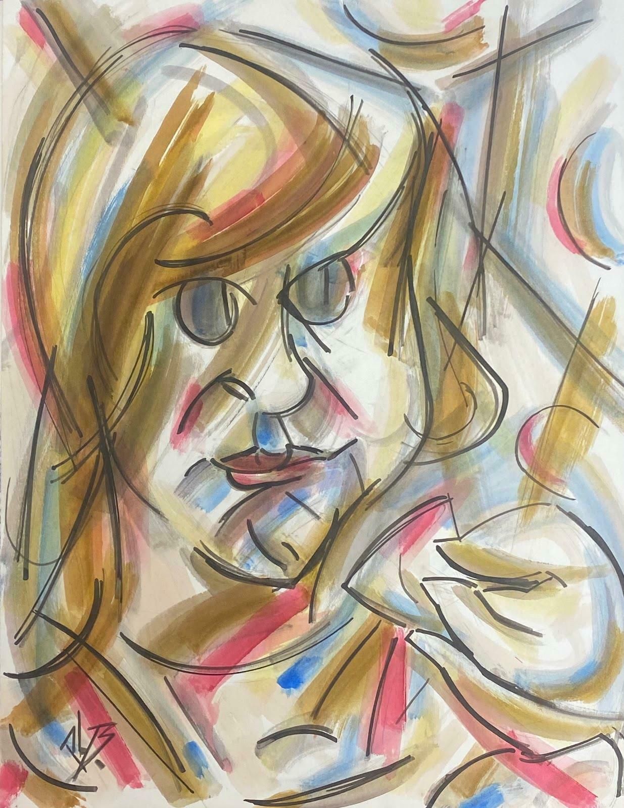 Paul Louis Bolot (French 1918 2003)French Modernist Gouache Painting Multi Color Portrait Of A Young Girl 20th Century (1972)