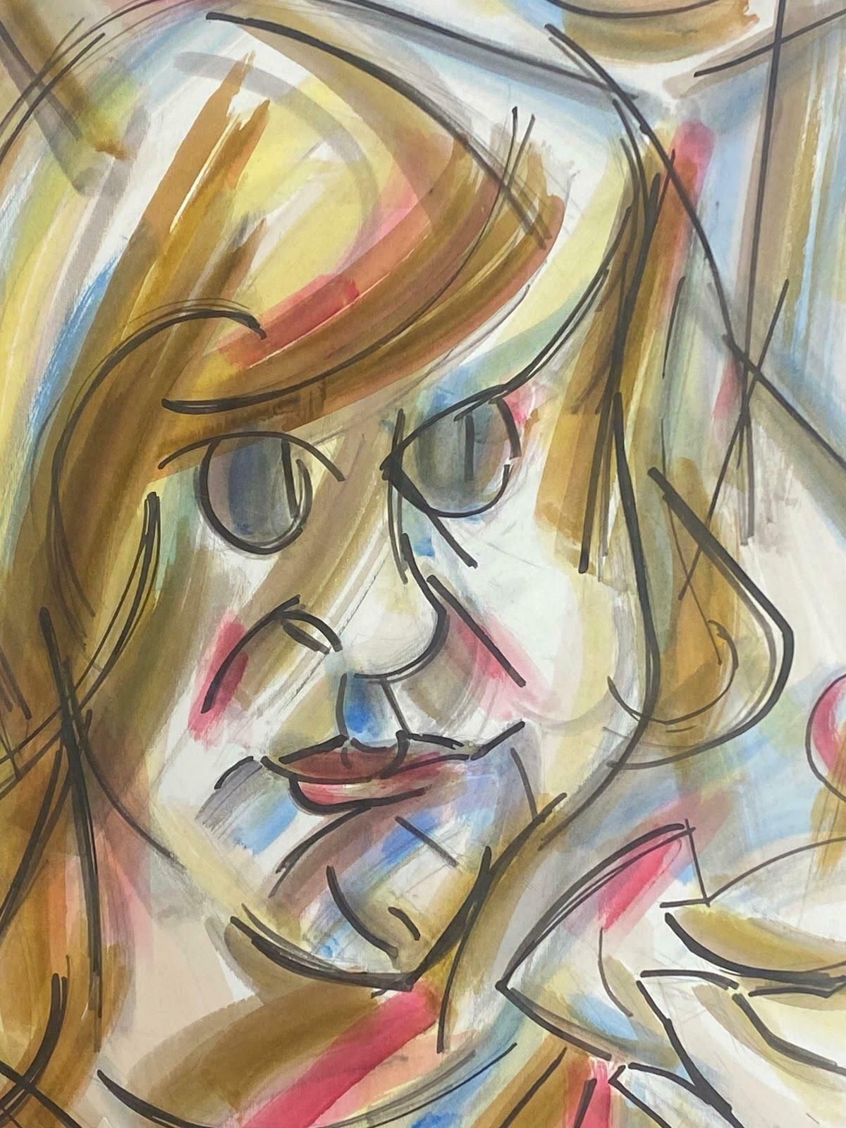 Paul Louis Bolot (French 1918 2003)French Modernist Gouache Painting Multi Color Portrait Of A Young Girl 20th Century (1972) photo furniture