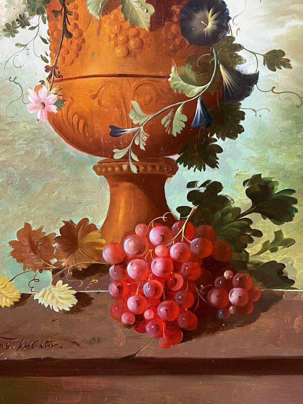 Thomas Webstervery Large Profusion Of Flowers Classical Still Life Stone Urn Oil Painting1990's photo vintage