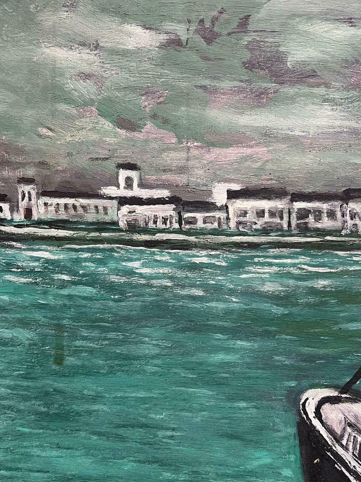 French Mid Century 1950's French Signed Modernist Oil Painting Large Ship Off The Coastline1950's photo vinterior