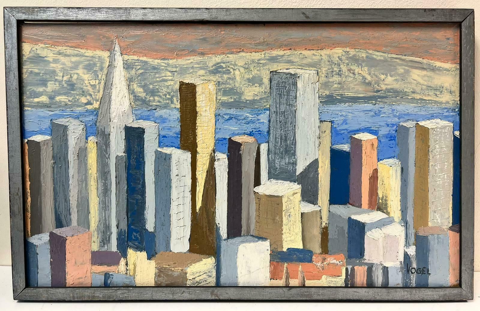 French Schoolsan Francisco 1970's Cubist Abstract City Skyline Oil Painting, Signed & Framed photo furniture