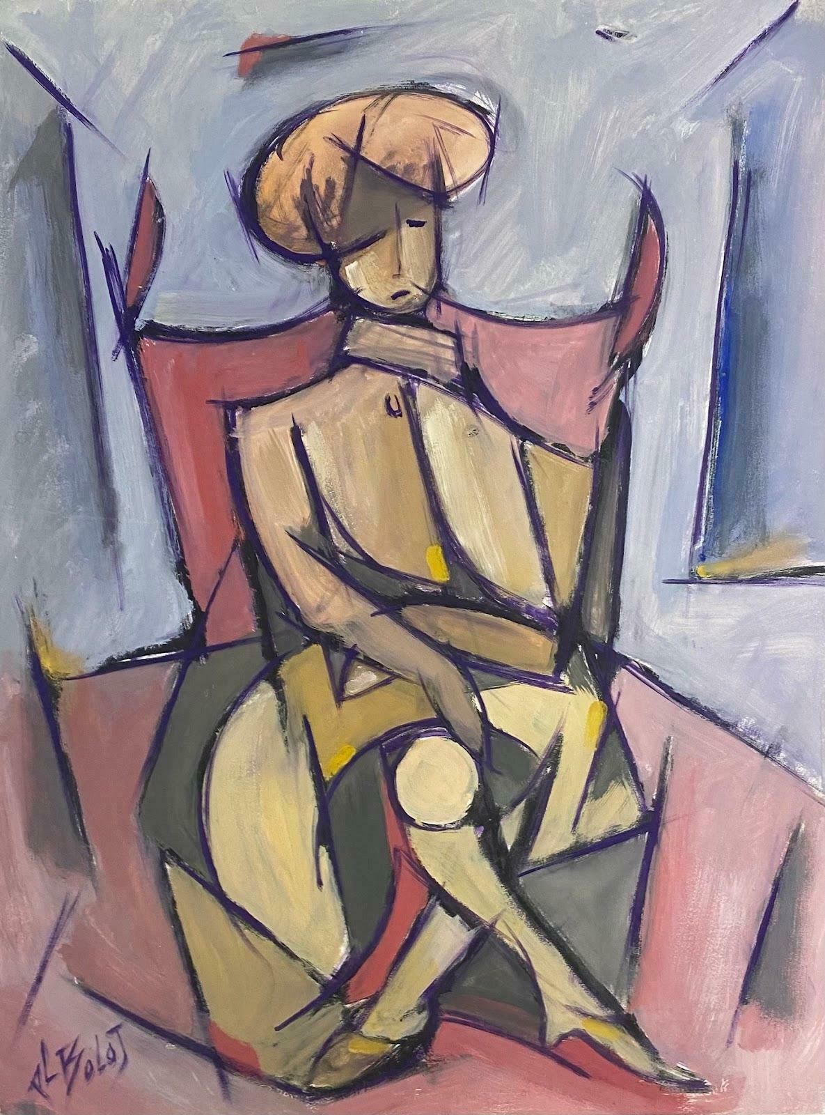 Paul Louis Bolot (French 1918 2003)20th Century French Modernist Gouache Painting Seated Chic Lady In Hatc. 1970