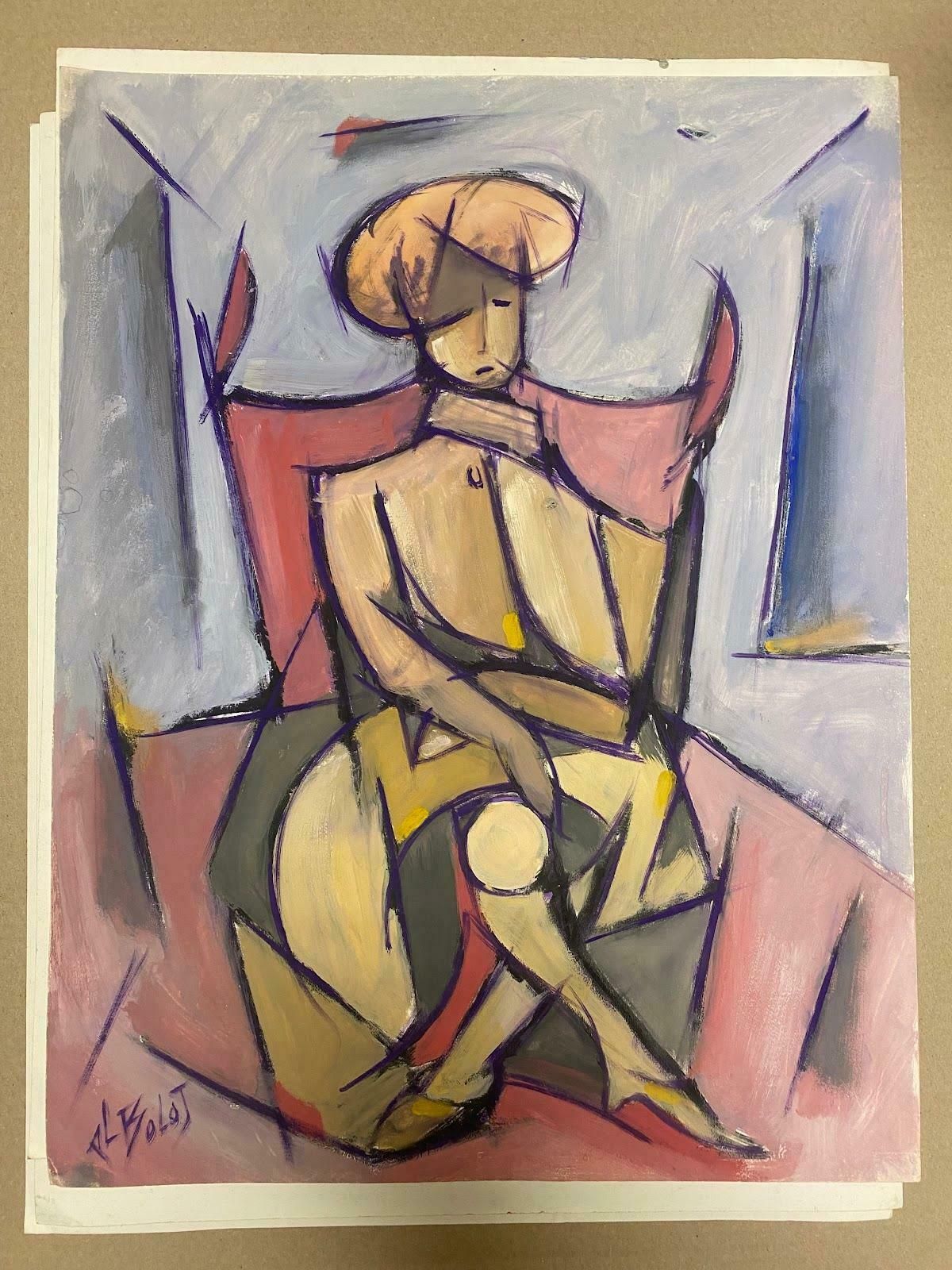 Paul Louis Bolot (French 1918 2003)20th Century French Modernist Gouache Painting Seated Chic Lady In Hatc. 1970 photo furniture
