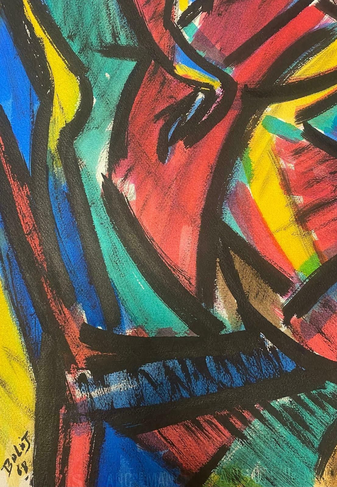 Paul Louis Bolot (French 1918 2003)1960's French Modernist Cubist Painting Gentleman In Red With Violin1968 photo furniture