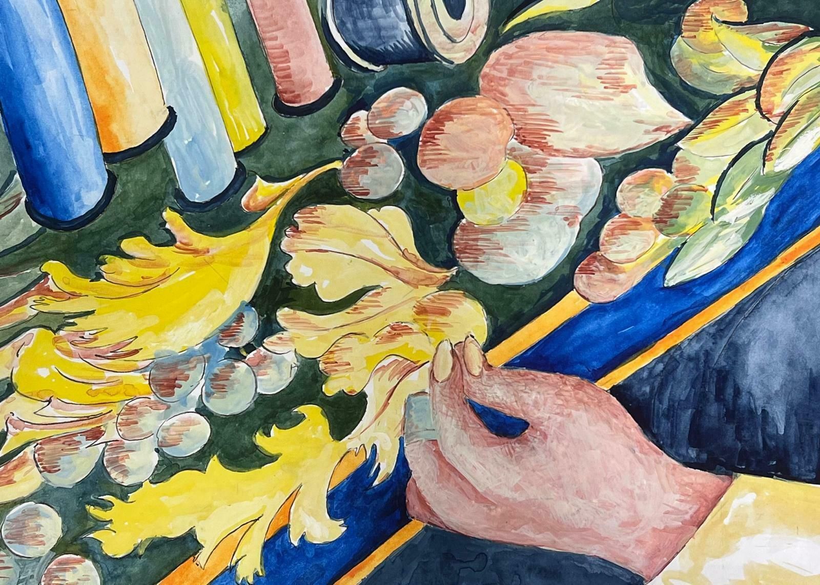 Bernard Labbe1950's Modernist Painting Hands Threading The Needle 1950's photo for sale