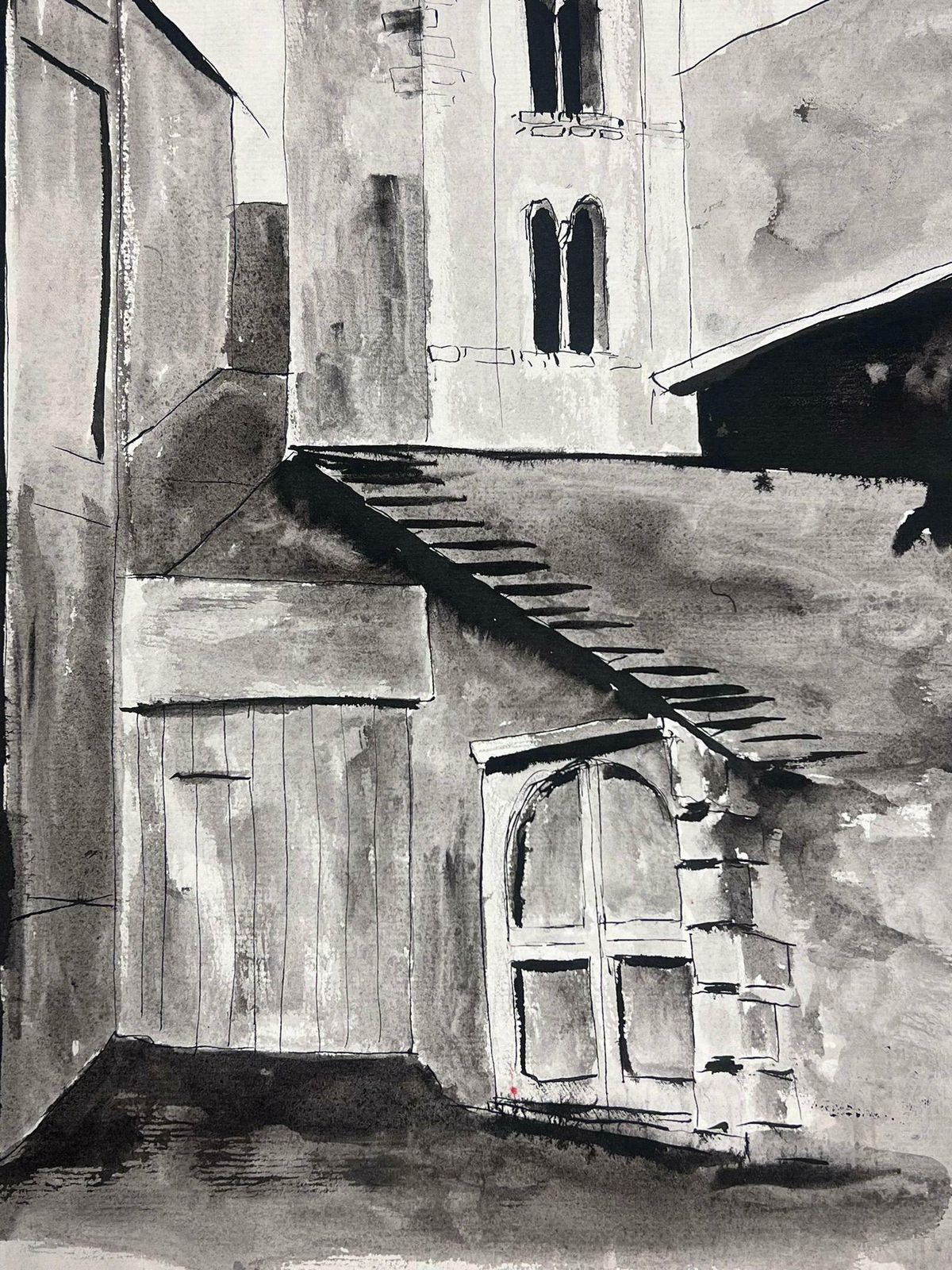 Bernard Labbe1950's Modernist Painting Black And White Bell Tower Landscape1950's photo for sale
