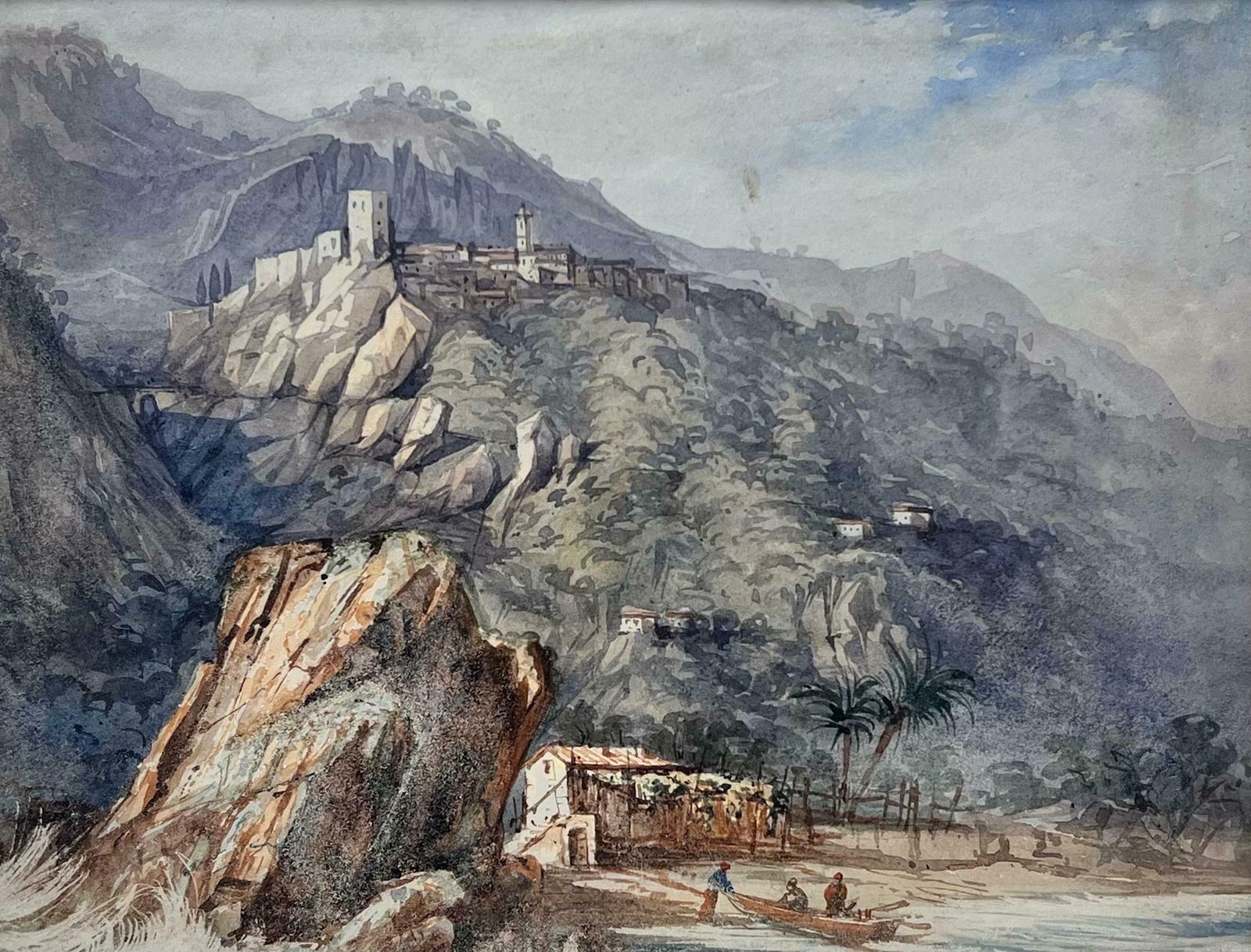 William Pagea Cliffside Town With Fisherman In The Bay Below Antique Watercolor Landscape