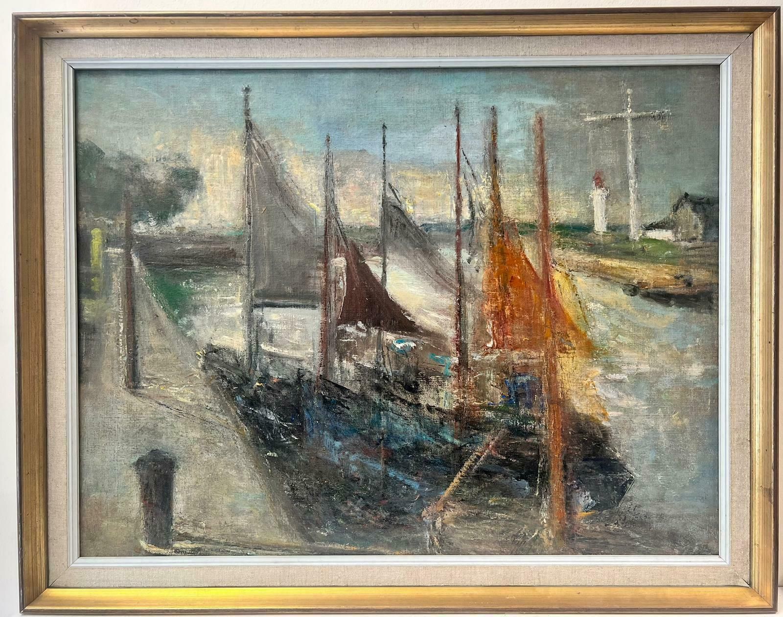 French Schoolmid Century French Post Impressionist Oil Boats Moored Estuary Scene, Framed1950's
