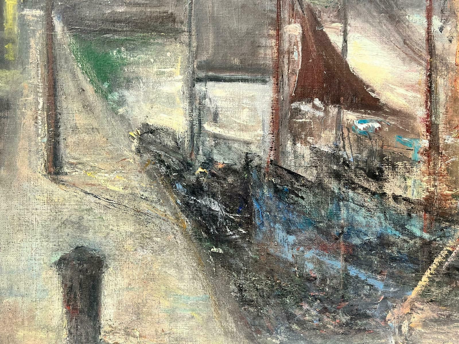French Schoolmid Century French Post Impressionist Oil Boats Moored Estuary Scene, Framed1950's photo vinterior
