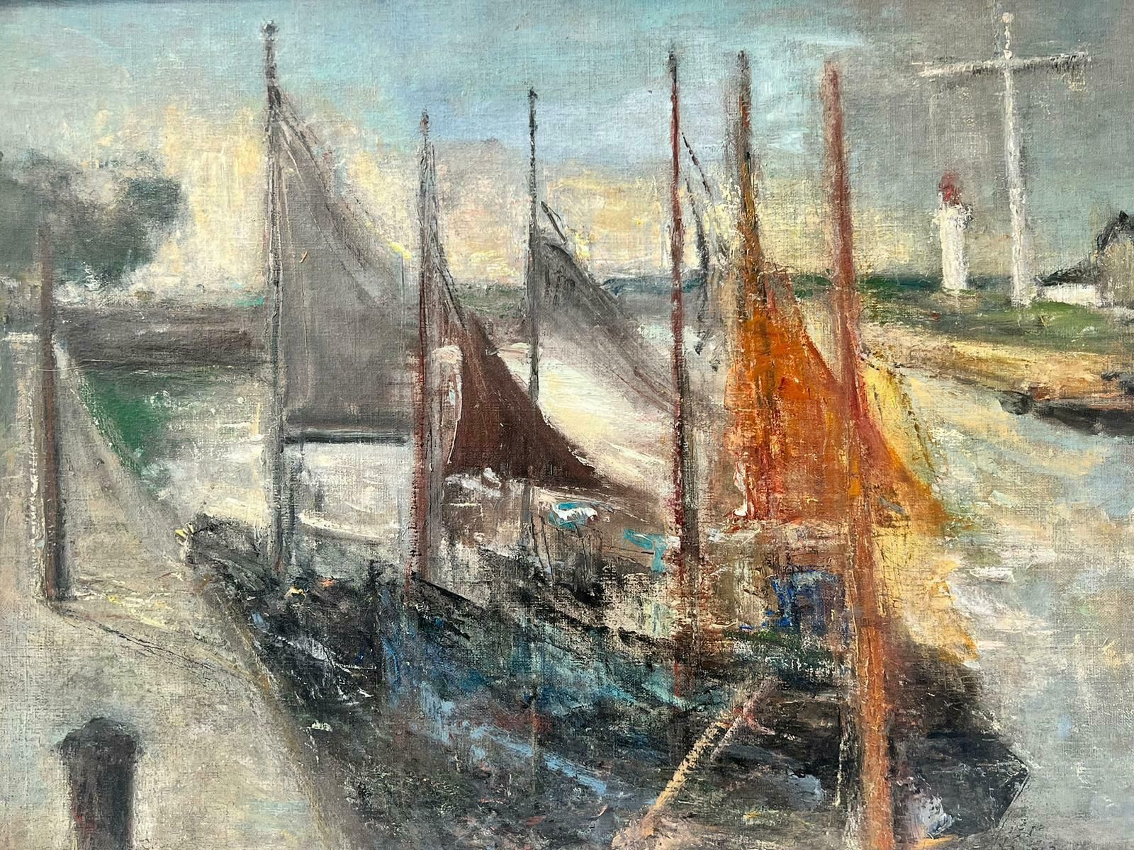 French Schoolmid Century French Post Impressionist Oil Boats Moored Estuary Scene, Framed1950's photo buy