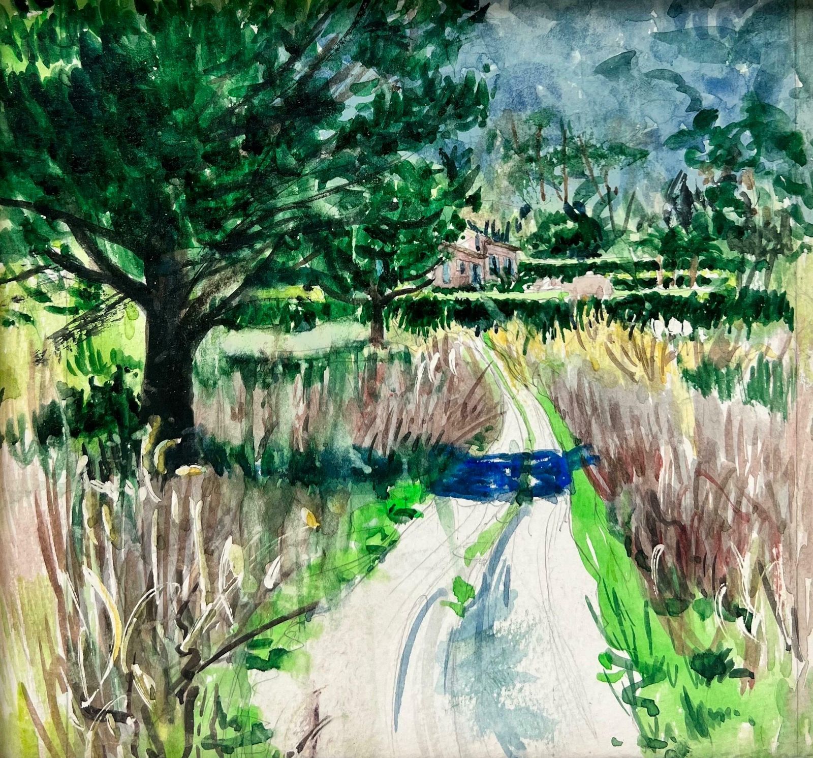 French Schoolfrench Impressionist 20th Century Painting View Of An Old Chateau Through Garden