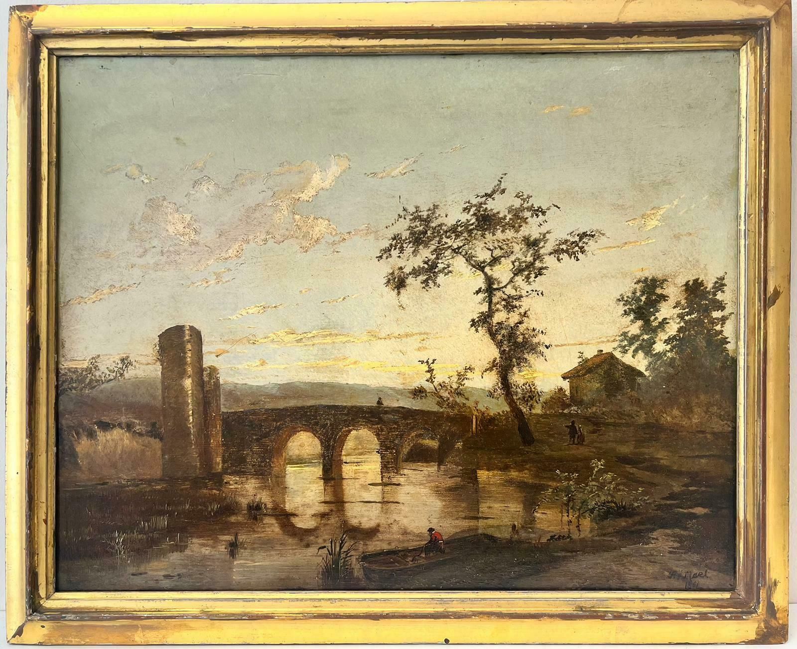 19th Century Dutch Schooldutch Golden Age Romantic Landscape Sunset Figures By River & Arch Bridge Oil photo furniture