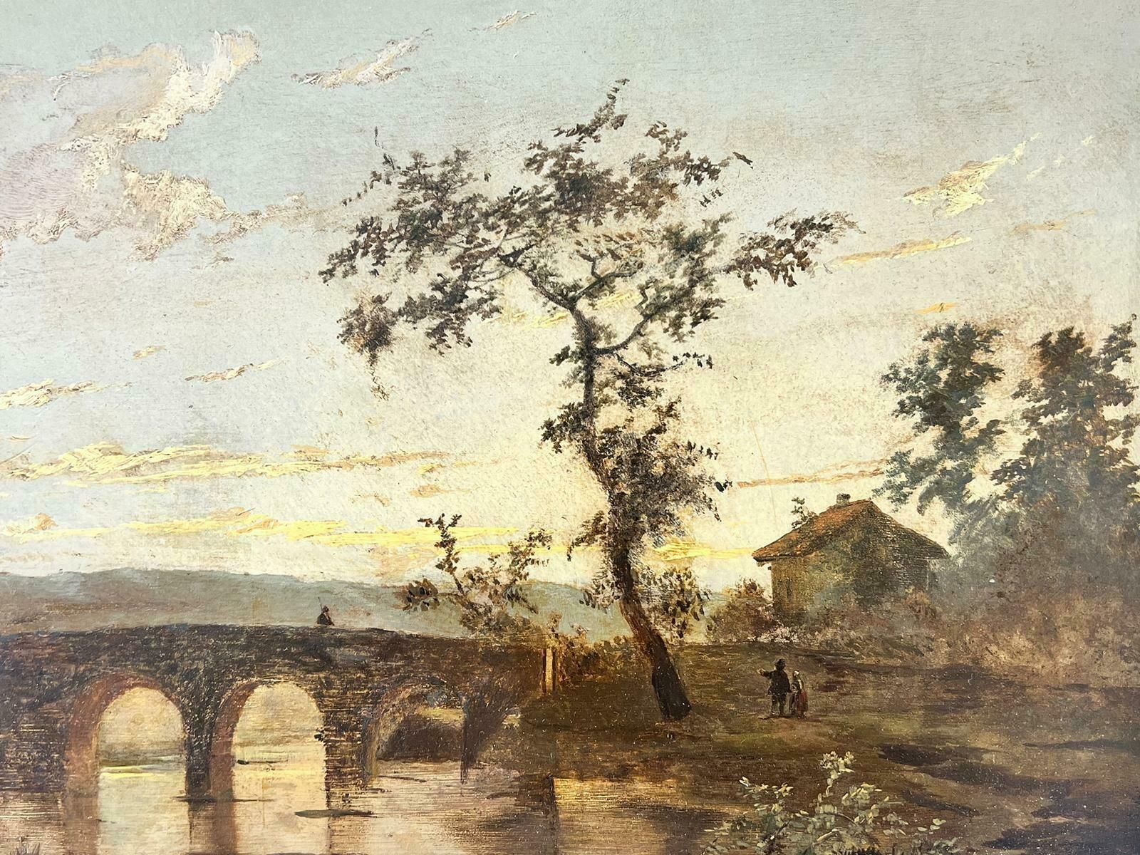 19th Century Dutch Schooldutch Golden Age Romantic Landscape Sunset Figures By River & Arch Bridge Oil photo 1823.0
