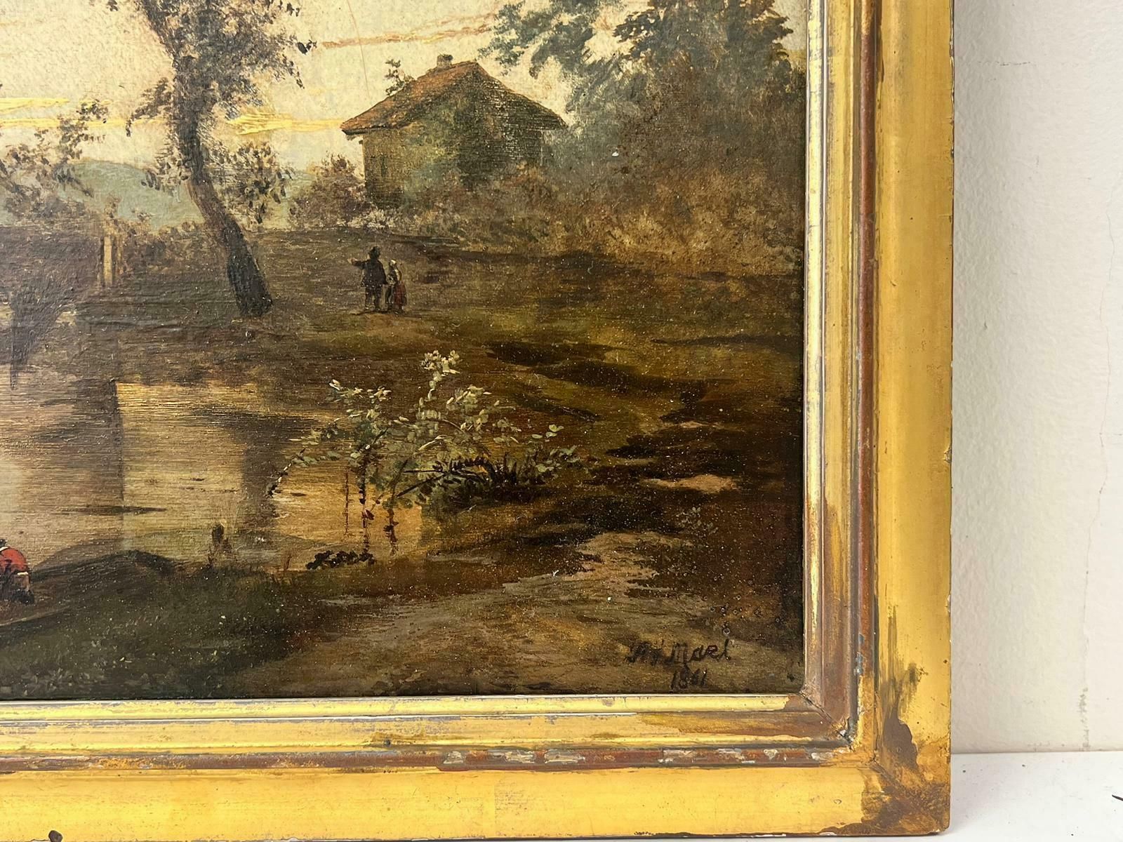 19th Century Dutch Schooldutch Golden Age Romantic Landscape Sunset Figures By River & Arch Bridge Oil photo buy
