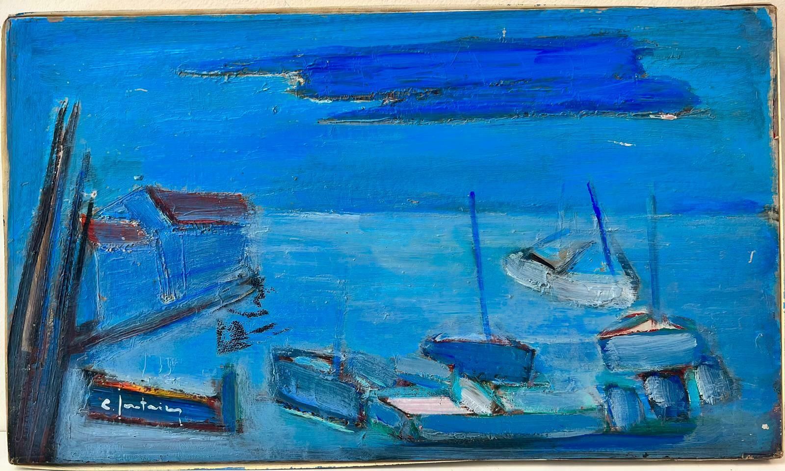 French School1950's French Modernist Signed Oil On Canvas Boats In A Blue Harbor Coastal View photo furniture