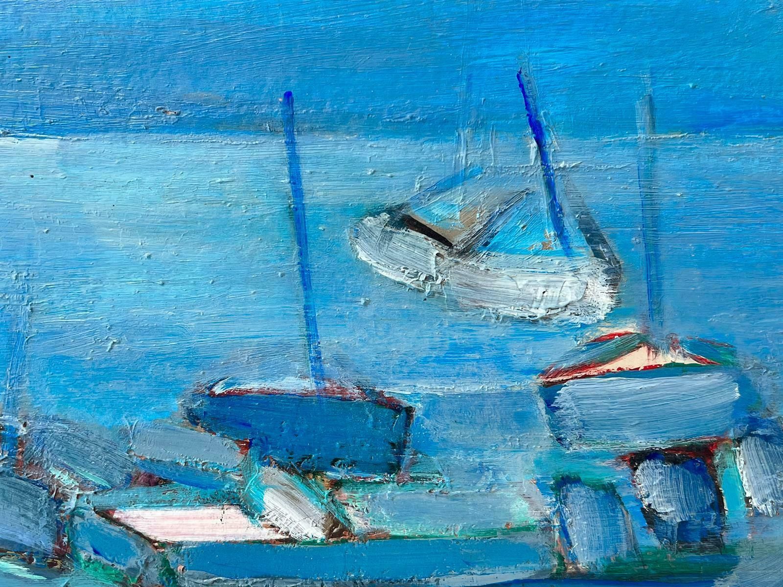 French School1950's French Modernist Signed Oil On Canvas Boats In A Blue Harbor Coastal View photo vinterior