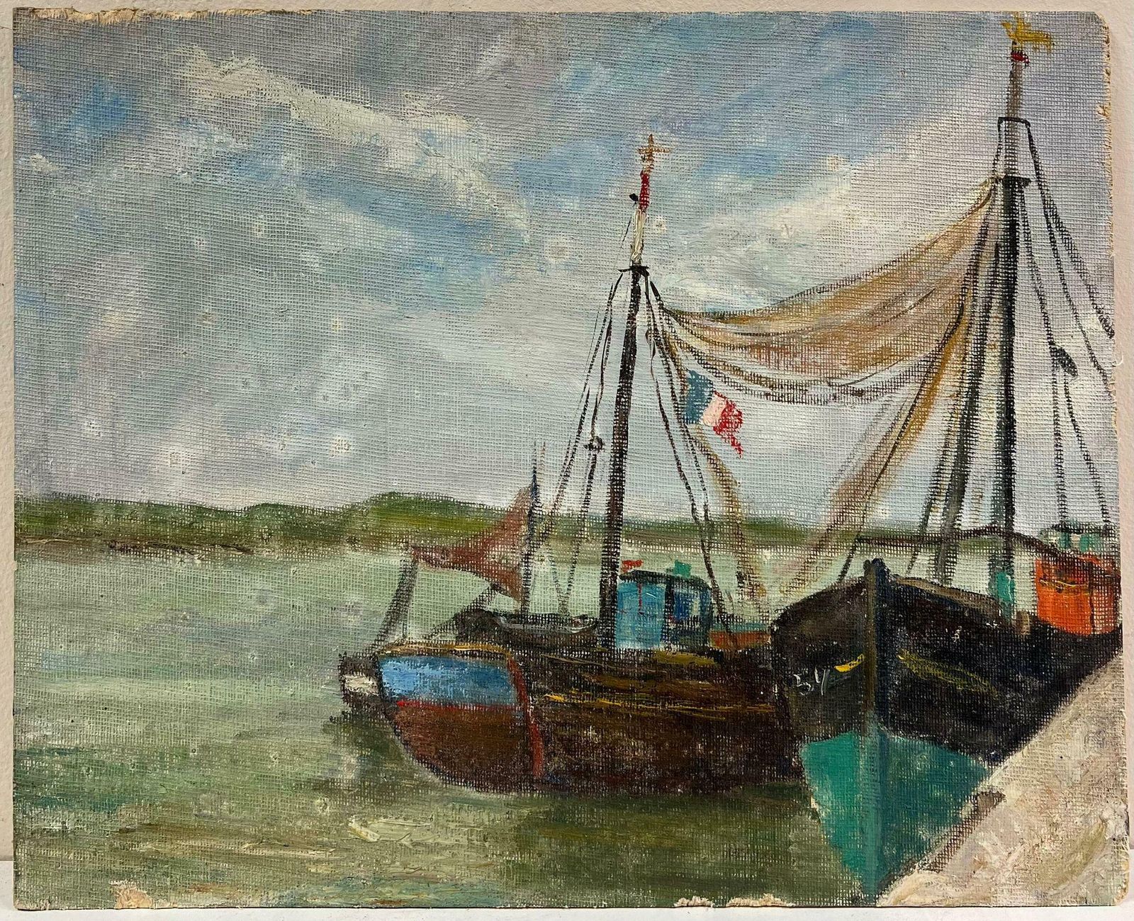 Simone Forgemid Century French Impressionist Docked Boats With French Flag At The Harbour 19th Century photo furniture