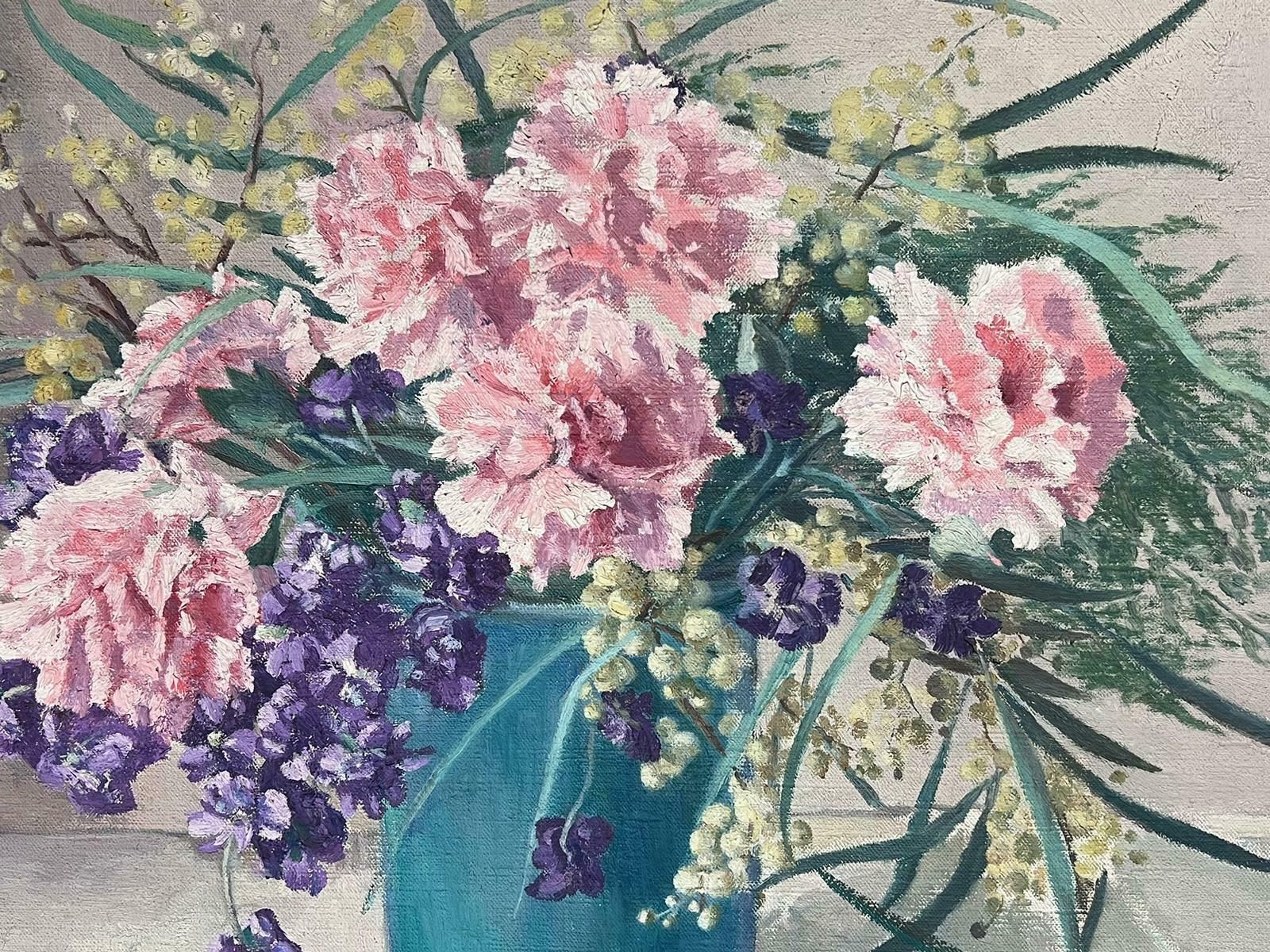 French Mid Century Pink Flowers In Blue Turquoise Vase Signed 1950's Oil On Canvas1950's photo vinterior