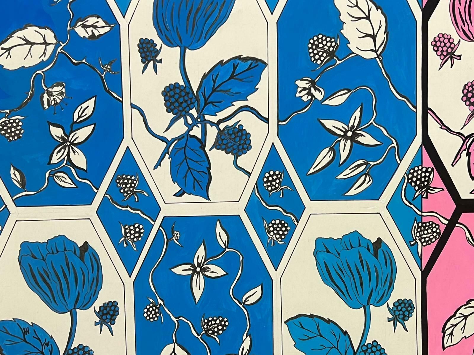 Sally Vaughancontemporary British Original Painting Blue, White And Pink Flower Design1990 photo furniture