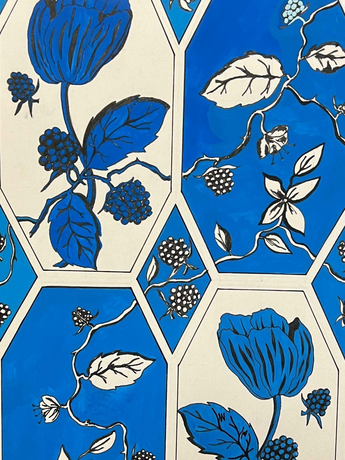 Sally Vaughancontemporary British Original Painting Blue, White And Pink Flower Design1990 photo 506.0