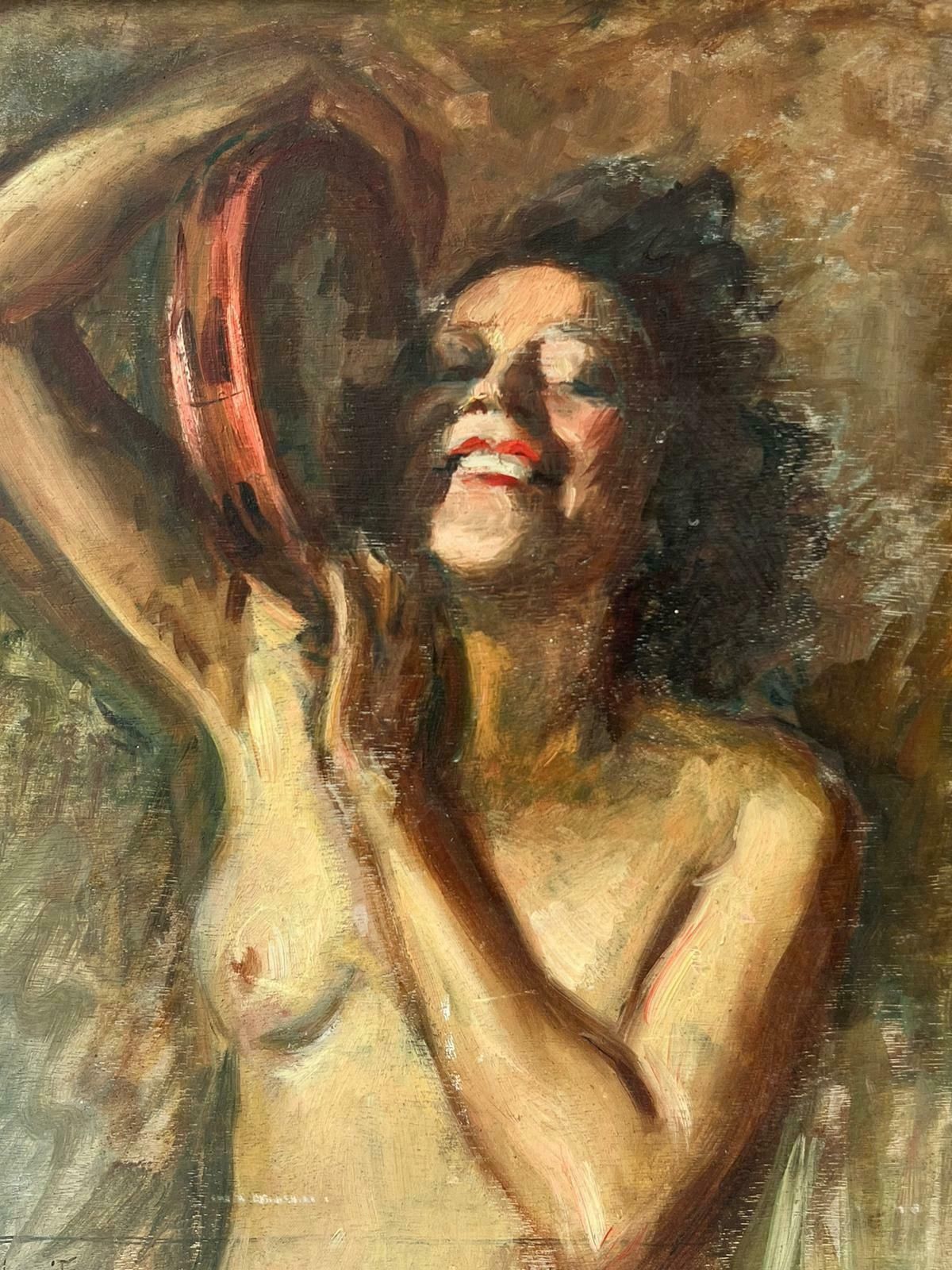 French School1960's French Signed Oil Portrait Nude Lady Dancing With Tambourine