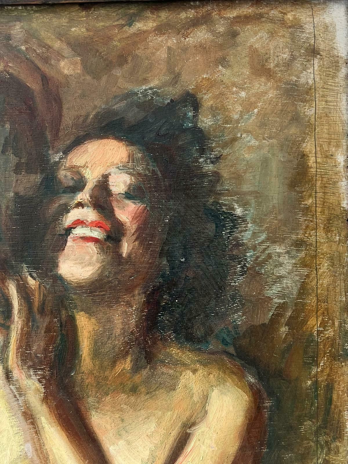 French School1960's French Signed Oil Portrait Nude Lady Dancing With Tambourine photo for sale