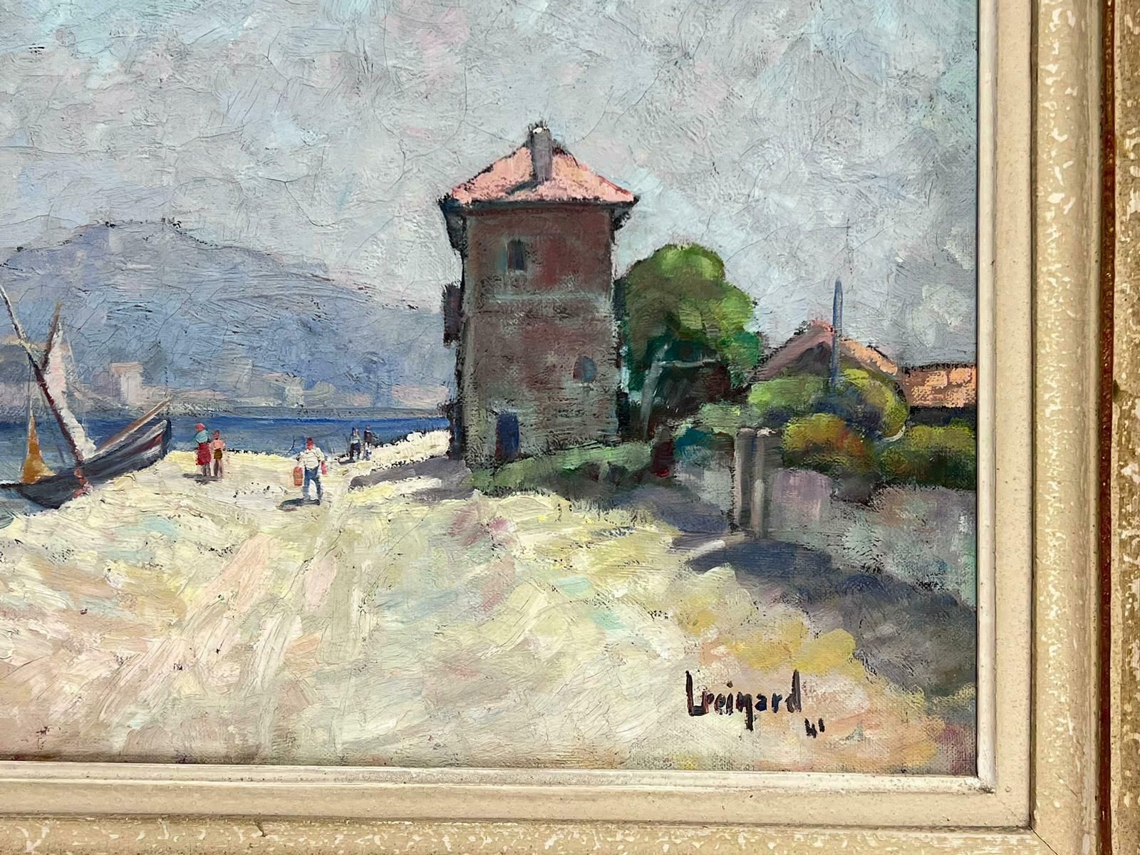 1940's French Artistsigned French Impressionist 1940's Oil Painting Boats Figures On Martigues Beach photo for sale