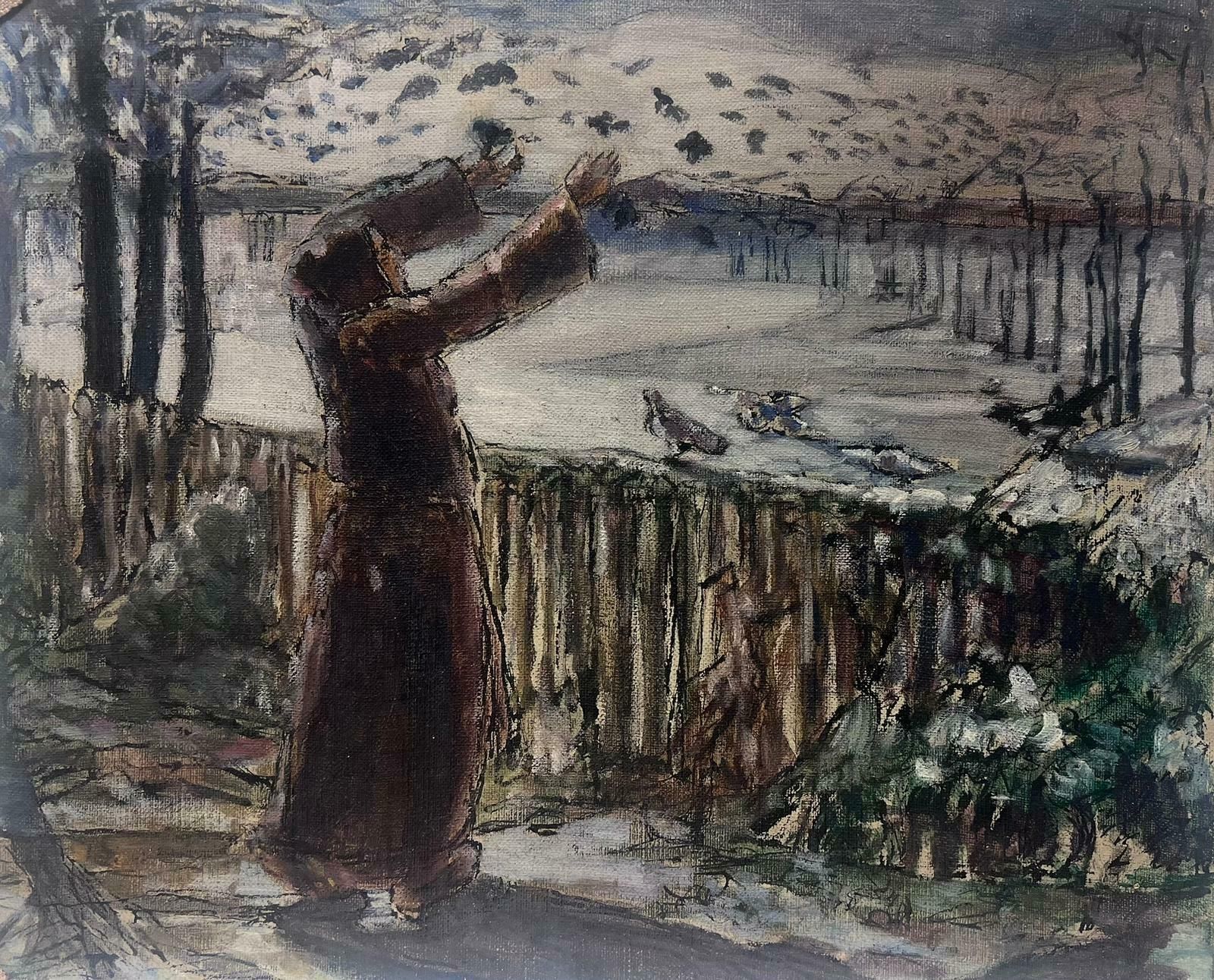 Louise Alixthe Lady Feeding The Birds In Gloomy Winter Park French Oil Painting 1940's