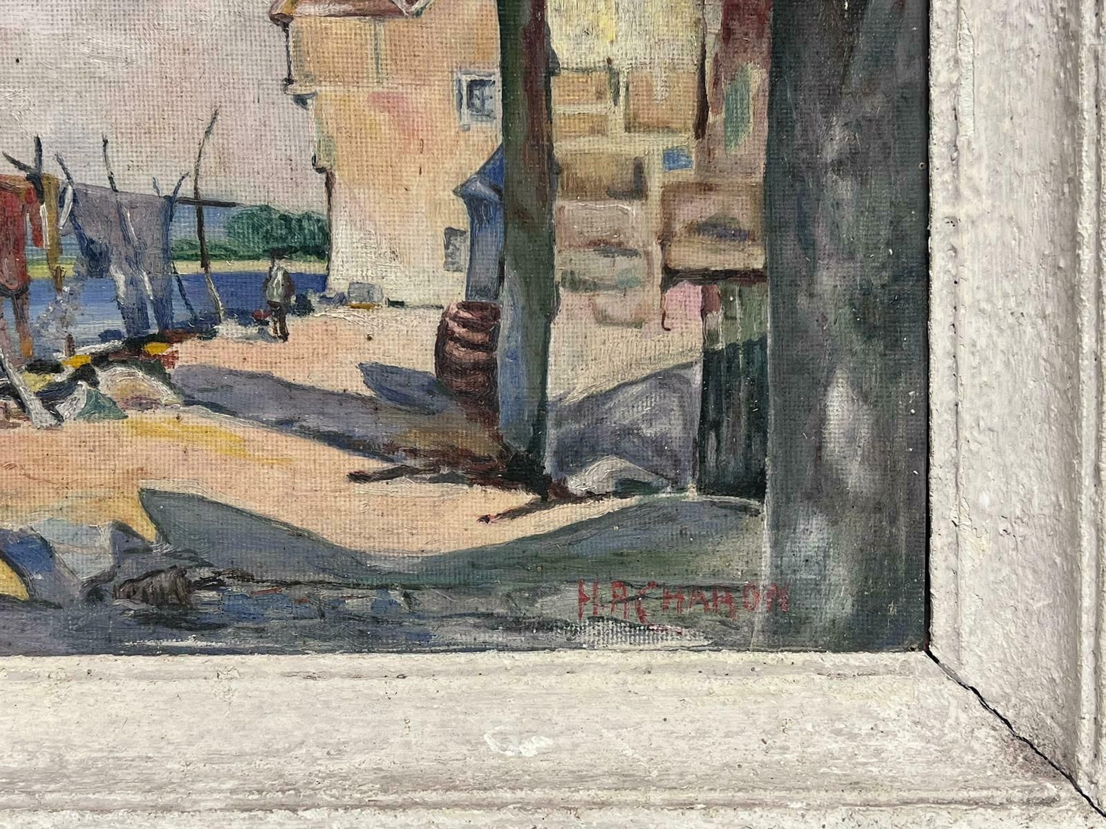 French Schoolmid 20th Century French Signed Oil South Of France Fishing Nets Drying In Harbor photo Art